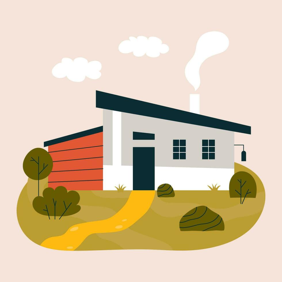 linda pequeño casa con verde arboles y arbustos plano estilo vector ilustración. verano país casa fachada. mano dibujado vector composición en escandinavo estilo para un póster o tarjeta postal