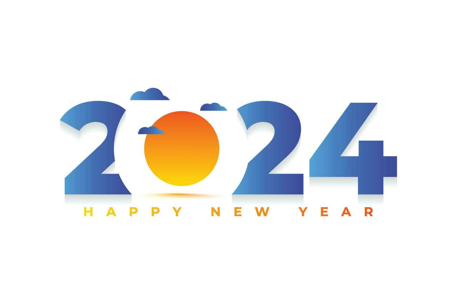 Happy new year 2024 text typography design with a sun and clouds in the sky vector