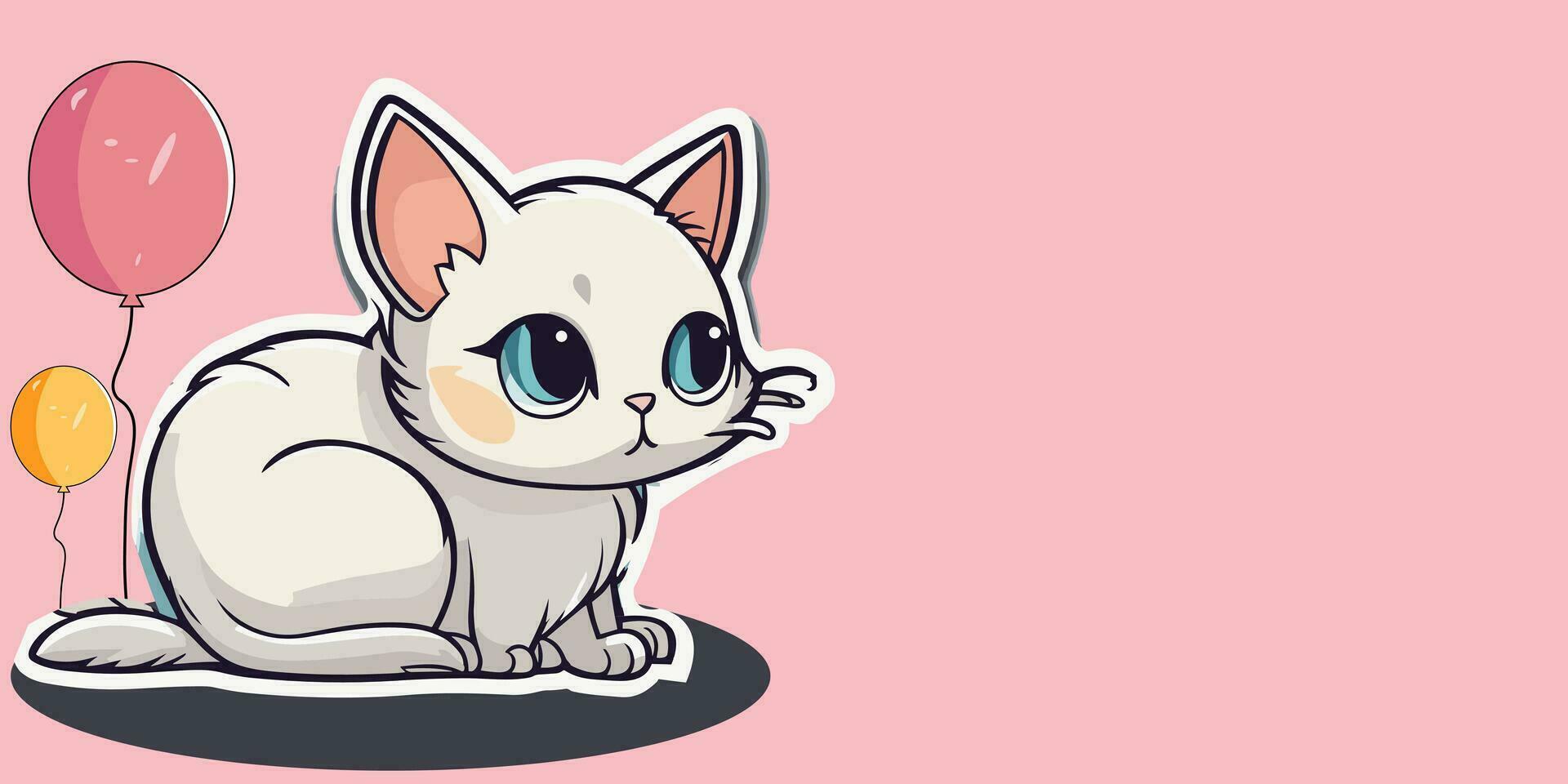 gato día Copiar espacio bandera un linda blanco mullido dibujos animados gato sesión, globos contento animales amistad Entre humanos y gatos Doméstico animales y mascotas maullar día celebracion. gato día pegatina póster. vector