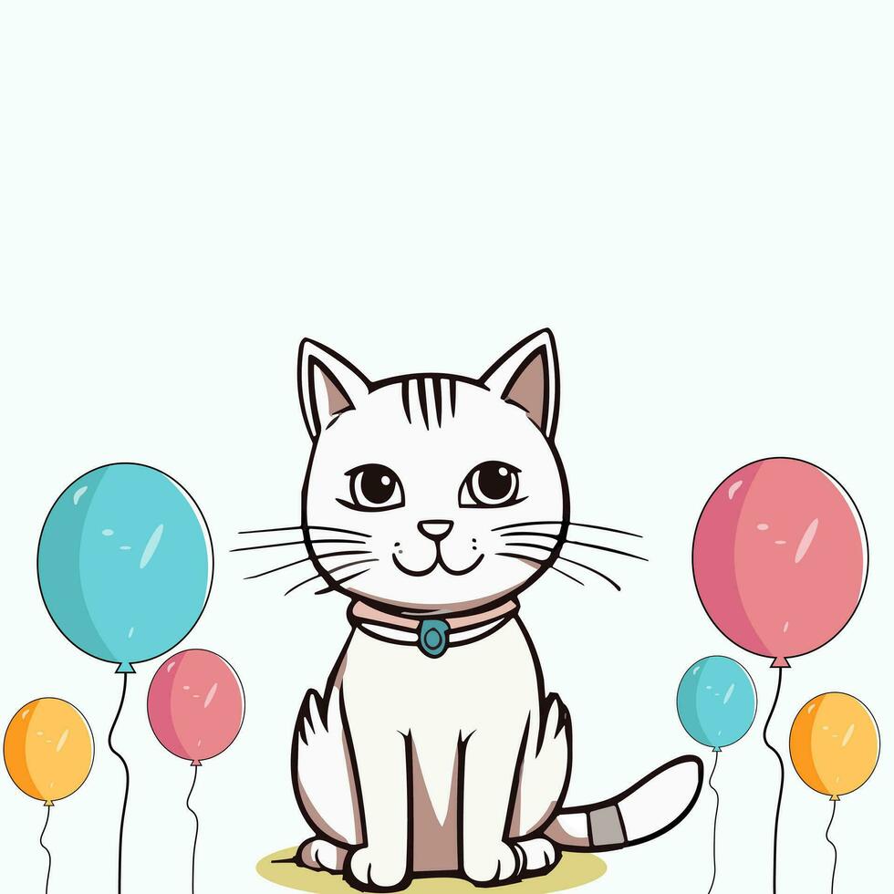 Cat Day copy space banner a cute white fluffy cartoon Cat sitting, Balloons. Happy animals Friendship Between Humans and Cats. Domestic Animals and Pets meow day celebration. cat Day sticker poster. vector