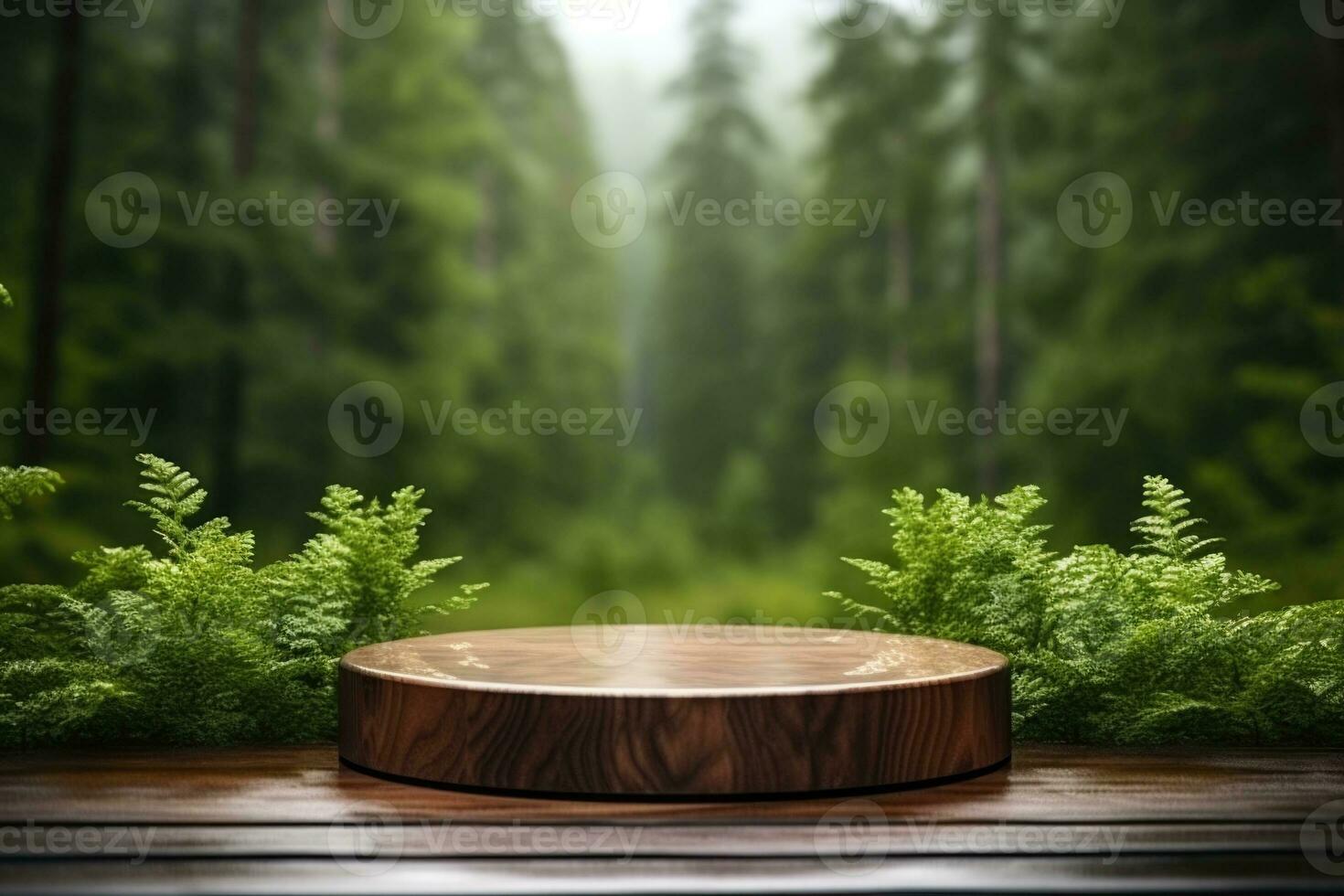 Table top wood counter floor podium in nature outdoors . Blurred green plant background. Natural product present placement pedestal stand display. photo