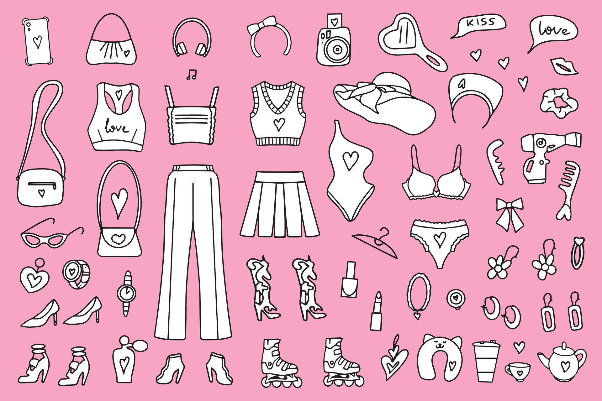 Barbicore set. Pink fashion set, pink doll aesthetic accessories, cosmetics  and clothes. Vector illustration. Vector illustration 30930188 Vector Art  at Vecteezy
