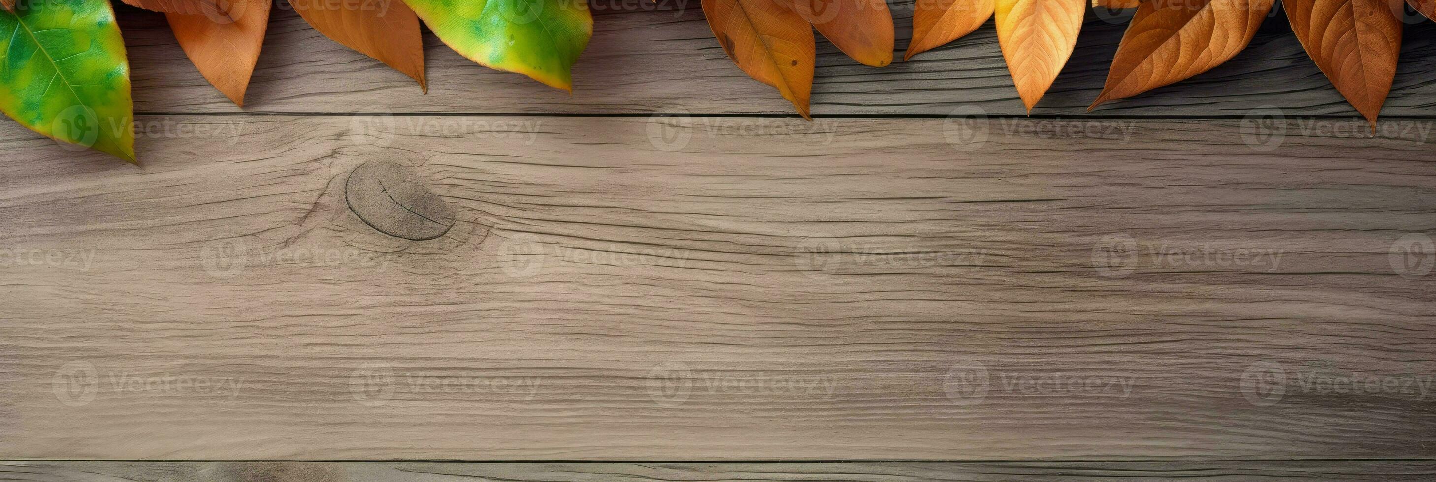 AI Generative leaves on wood background photo