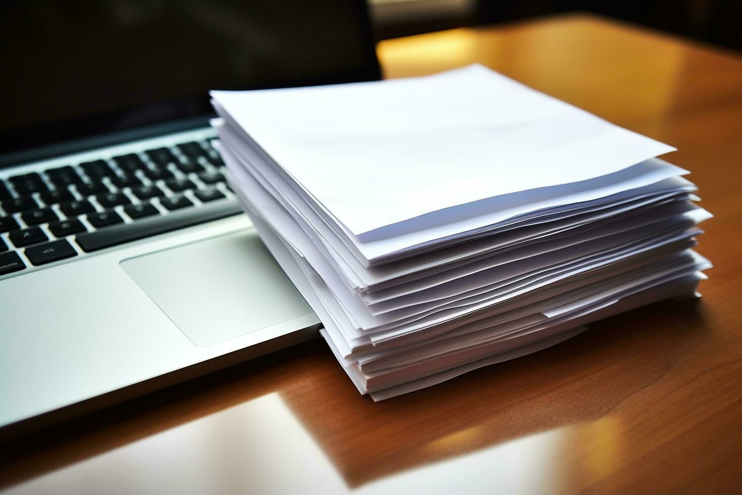 Blank laptop with a stack of papers on wooden table. photo