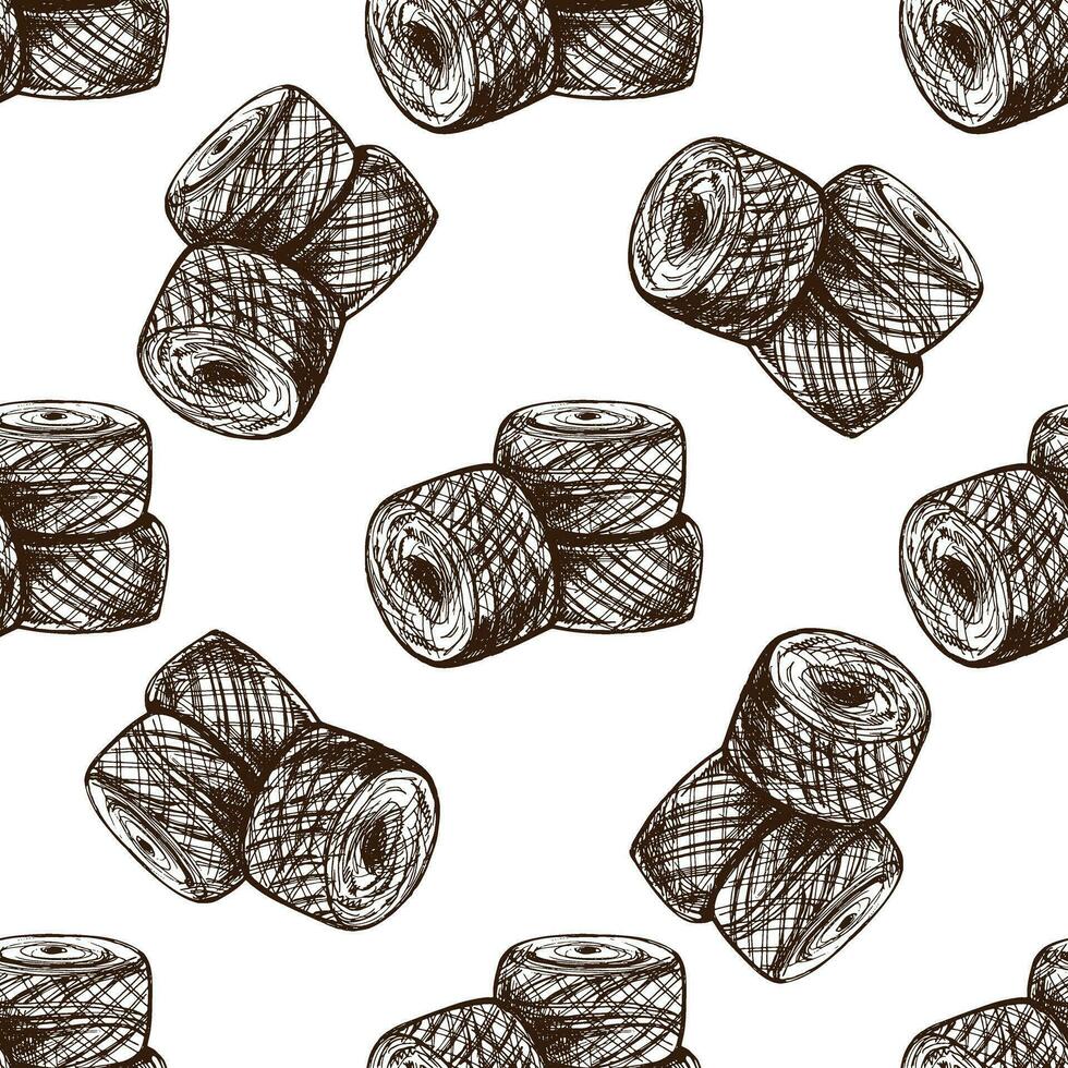 Seamless pattern of hand drawn ball of threads, wool. Handmade, knitting equipment concept in vintage doodle style. Engraving style. vector