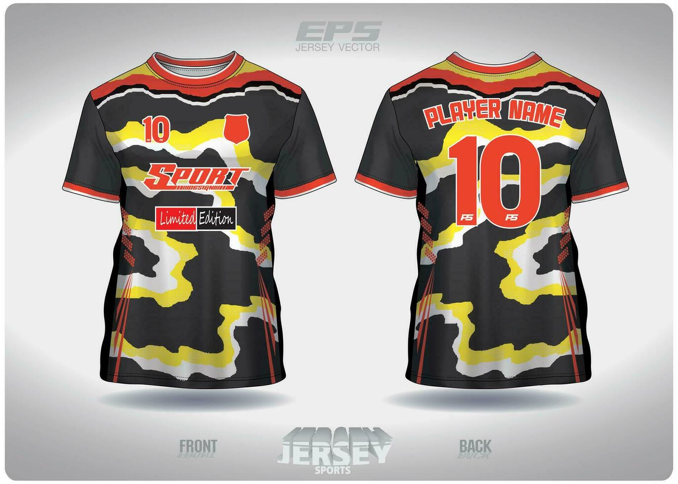 EPS jersey sports shirt vector.torn paper black red yellow pattern design, illustration, textile background for round neck sports t-shirt, football jersey shirt vector