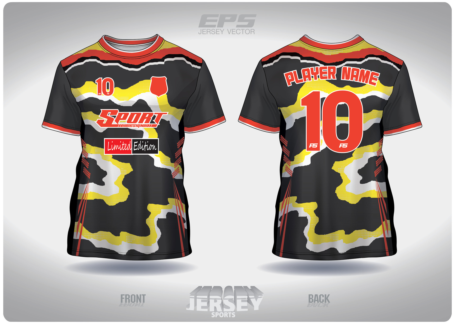 EPS jersey sports shirt vector.torn paper black red yellow pattern
