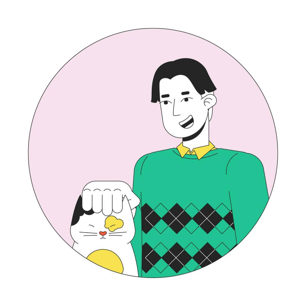 Korean teenage boy petting cat 2D line vector avatar illustration. Middle part bangs male asian pet owner outline cartoon character face. Kitten being petted flat color user profile image isolated