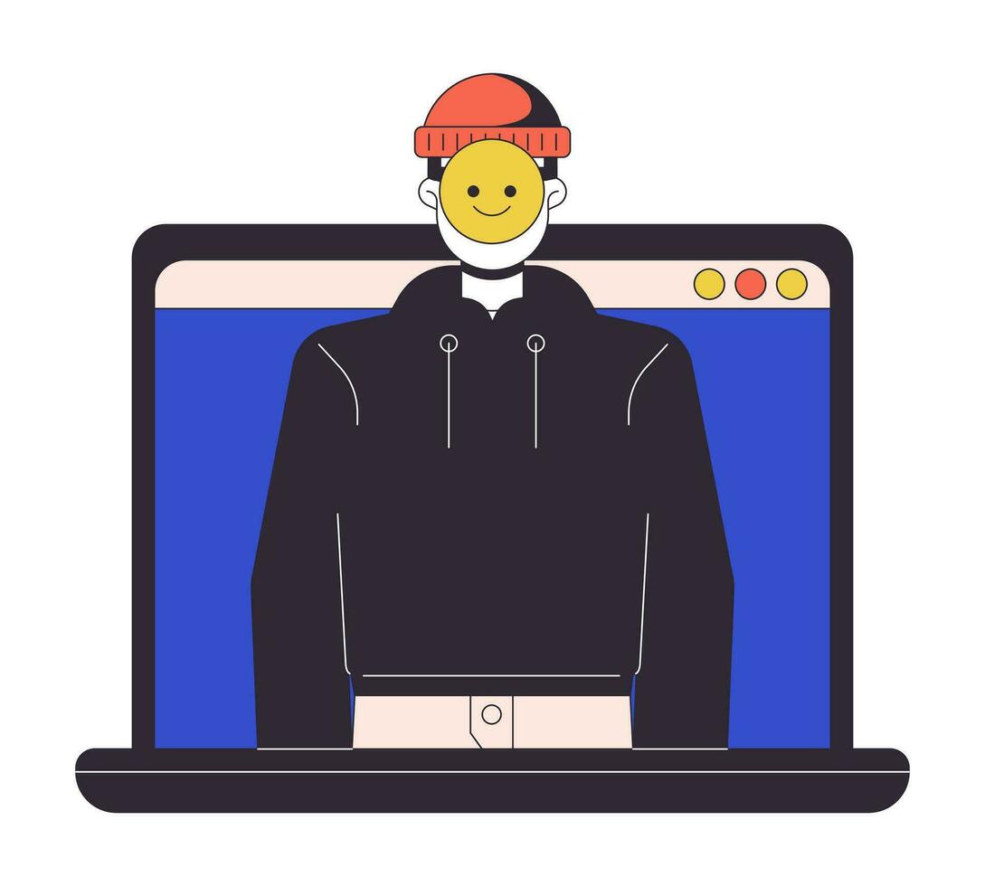 Identity theft on laptop flat line concept vector spot illustration. Stolen personality. Hacker 2D cartoon outline character on white for web UI design. Cybercrime disable isolated color hero image
