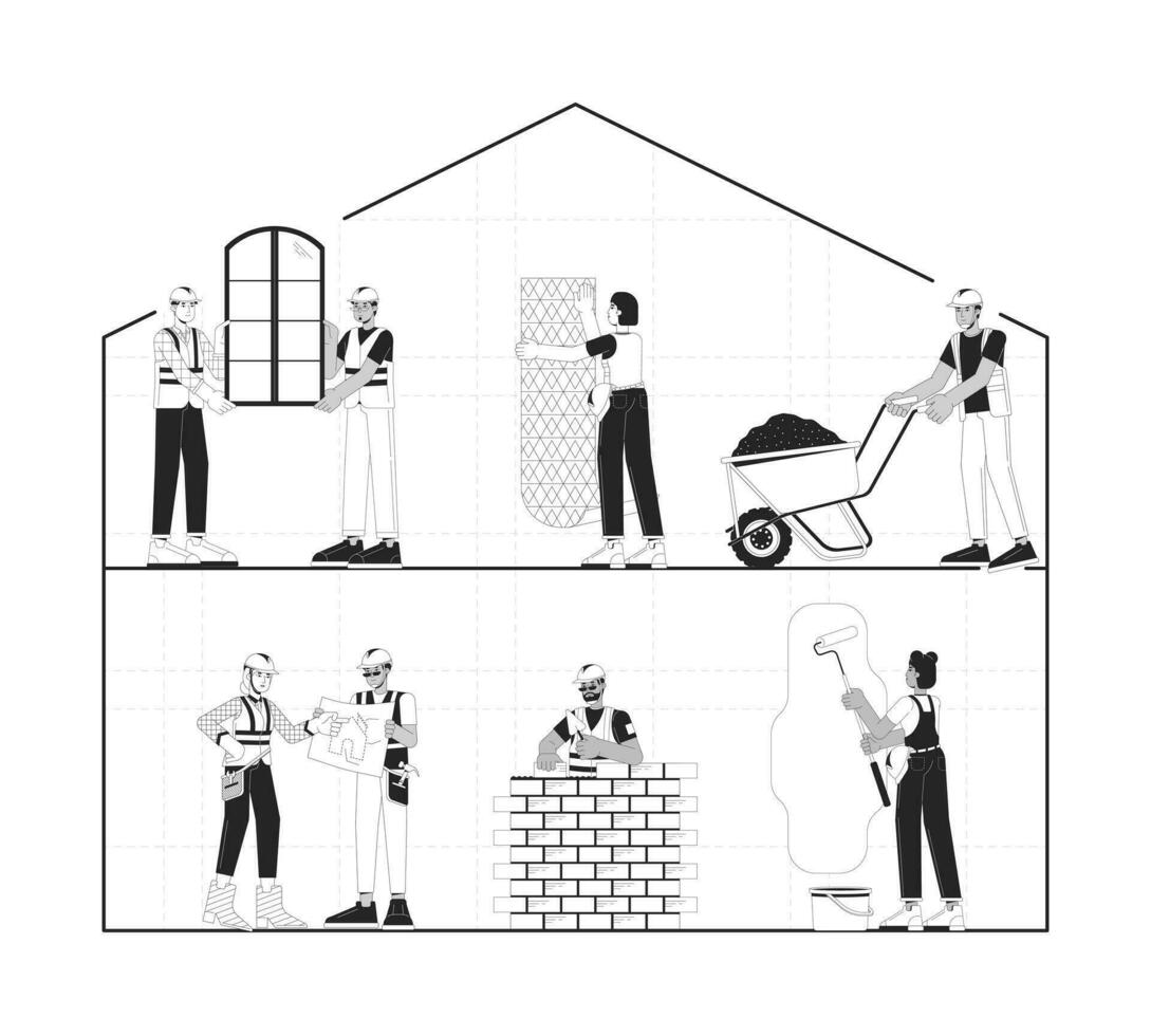 Home construction site black and white 2D illustration concept. Diverse building contractors cartoon outline characters isolated on white. Installers, builders hardhat metaphor monochrome vector art