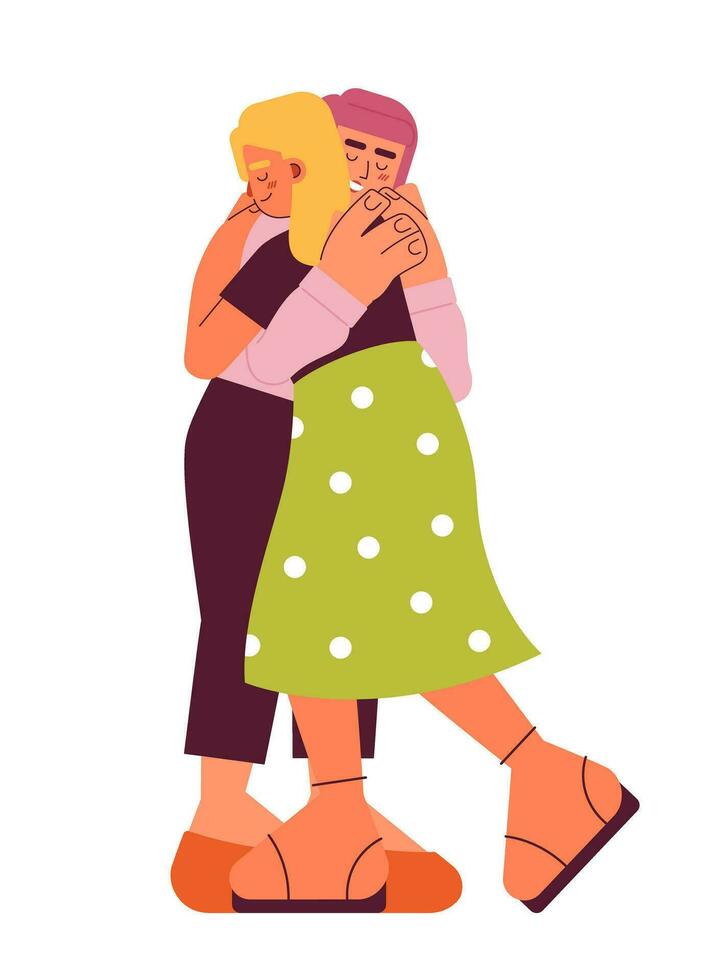 Close friends hugging semi flat color vector characters. Friendship. Girls spending time together. Editable full body people on white. Simple cartoon spot illustration for web graphic design