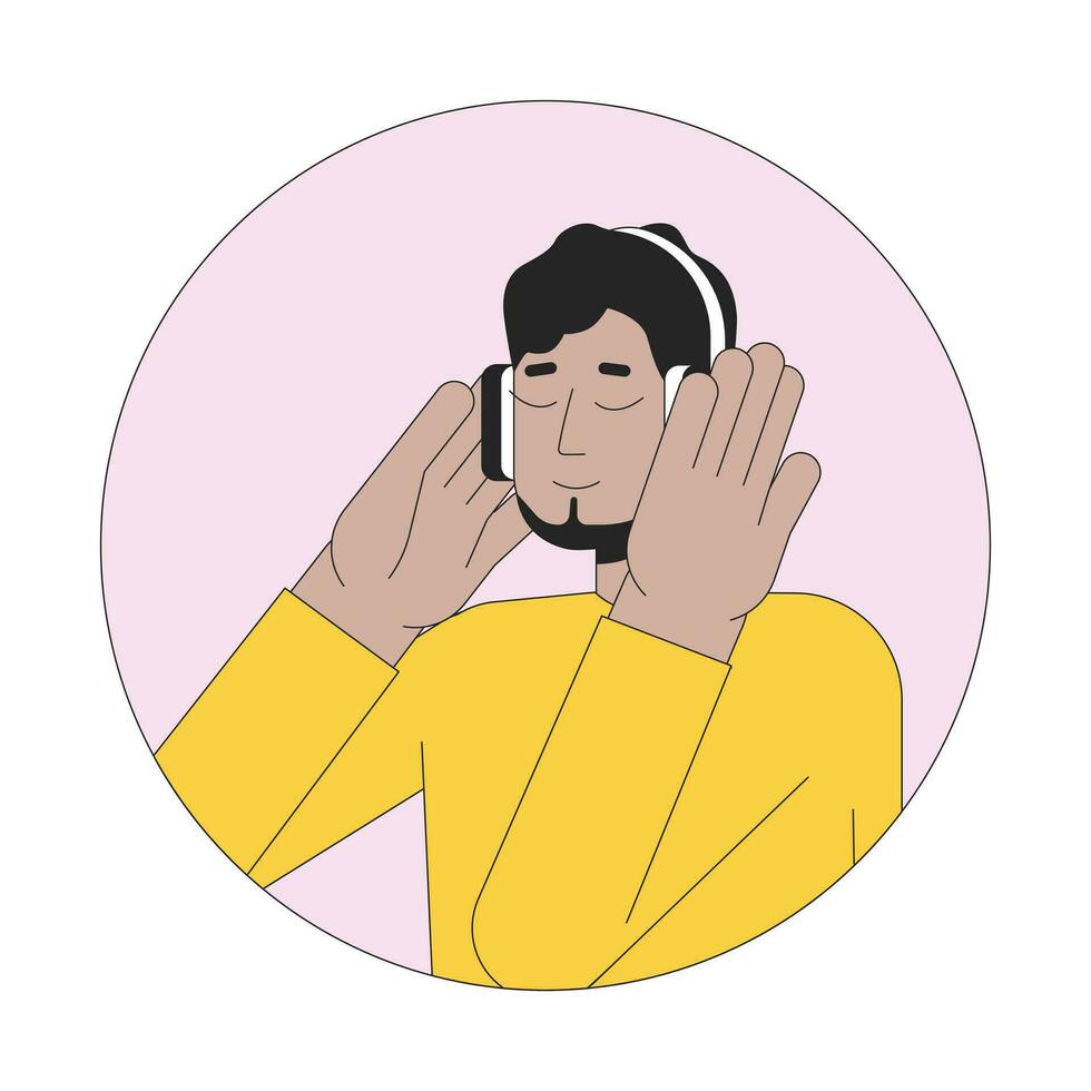 Headphones middle eastern guy bearded 2D line vector avatar illustration. Carefree arab man listening to music beats outline cartoon character face. Music lover flat color user profile image isolated