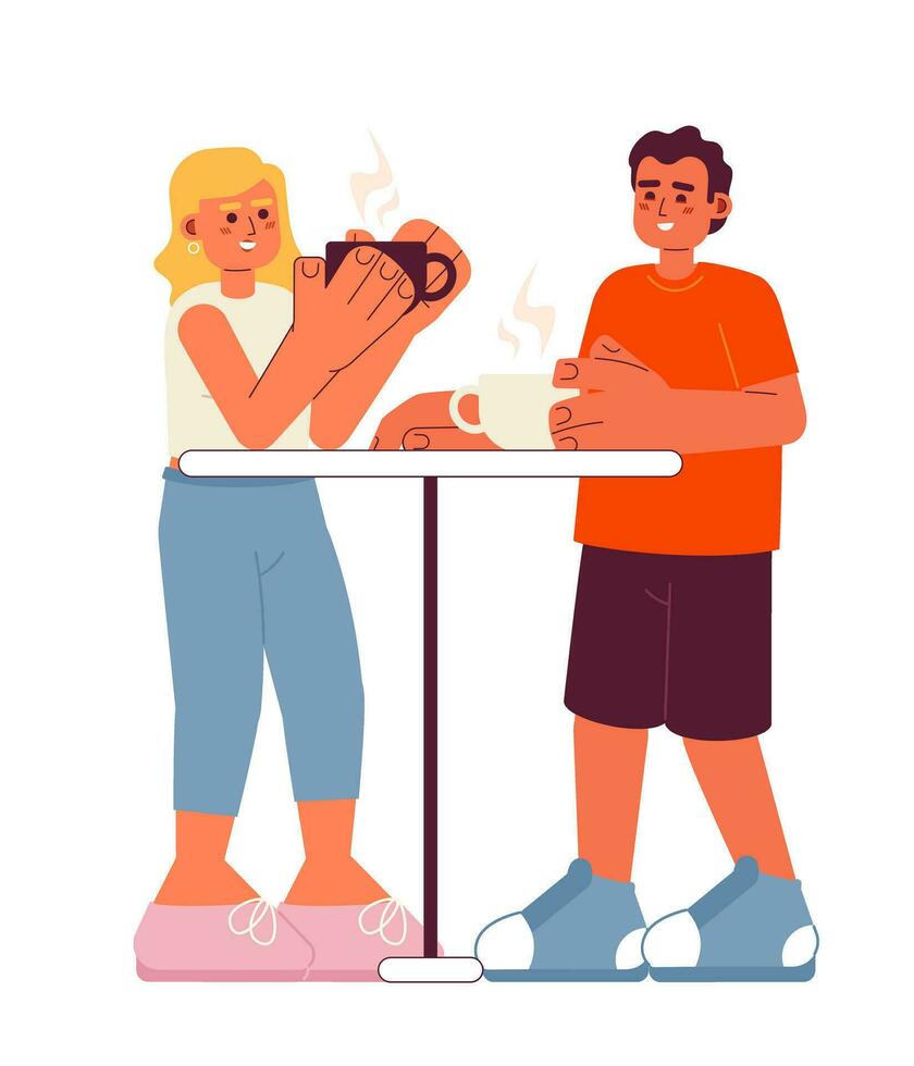 Coffee outing semi flat color vector characters. Friends in cafe. Drinking hot drinks. Friends activity. Editable full body people on white. Simple cartoon spot illustration for web graphic design