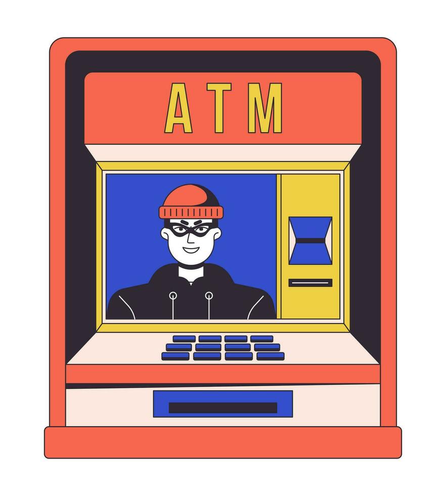 ATM fraud flat line concept vector spot illustration. Thief stealing money. Online banking 2D cartoon outline object on white for web UI design. Cybercrime editable isolated color hero image