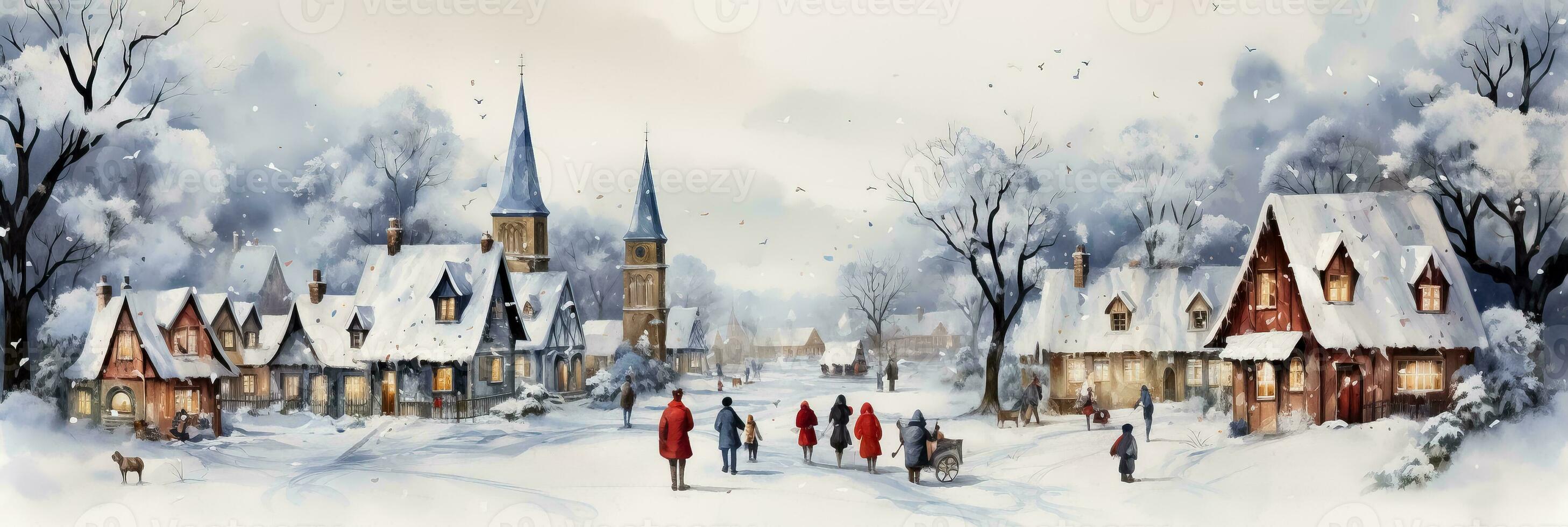 Snowy Christmas market watercolor scene background with empty space for text photo