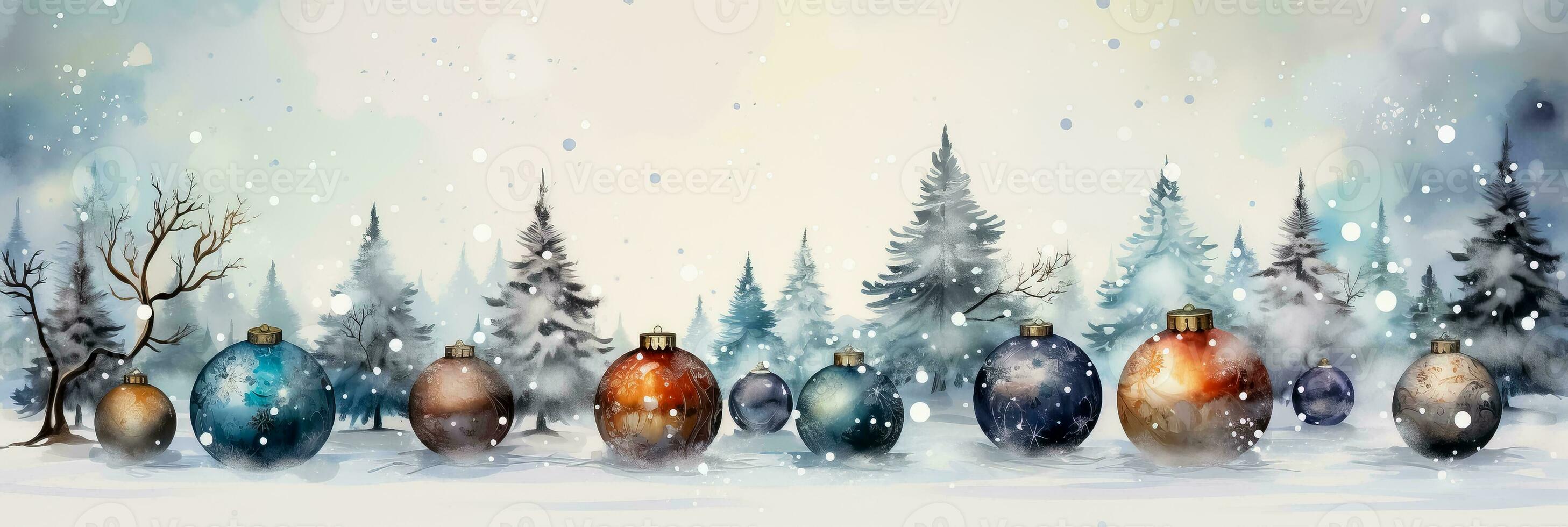 Watercolor Christmas tree ornaments in snowy settings background with empty space for text photo