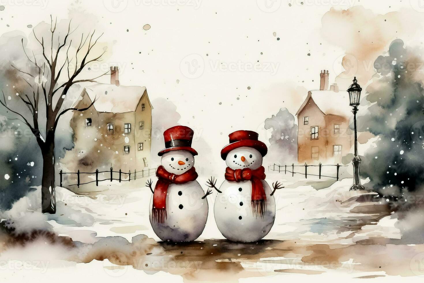 Children building snowmen watercolor depiction in Christmas attire background with empty space for text photo