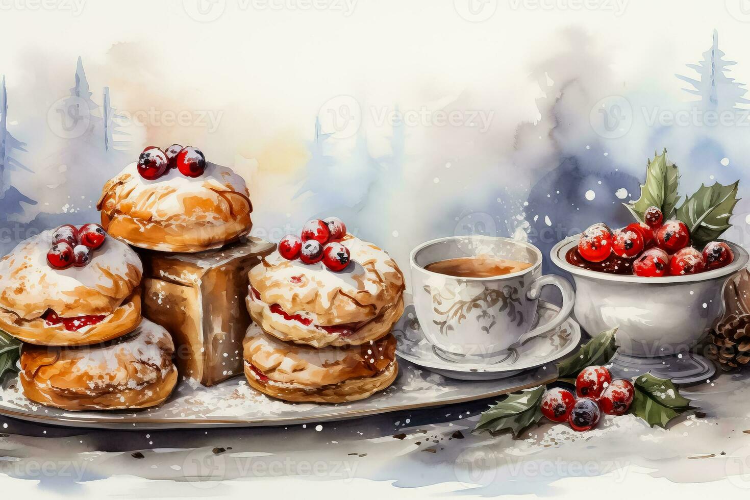 Traditional Christmas pastries watercolor scenes in snow background with empty space for text photo