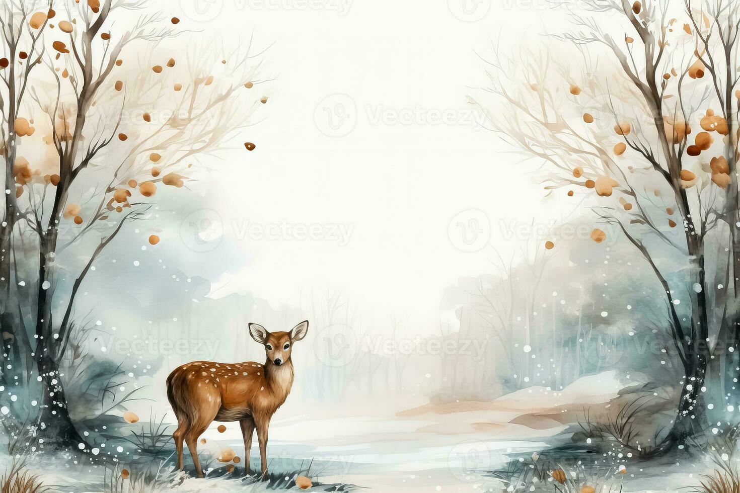 Winter wildlife watercolor illustrations Christmas themed background with empty space for text photo