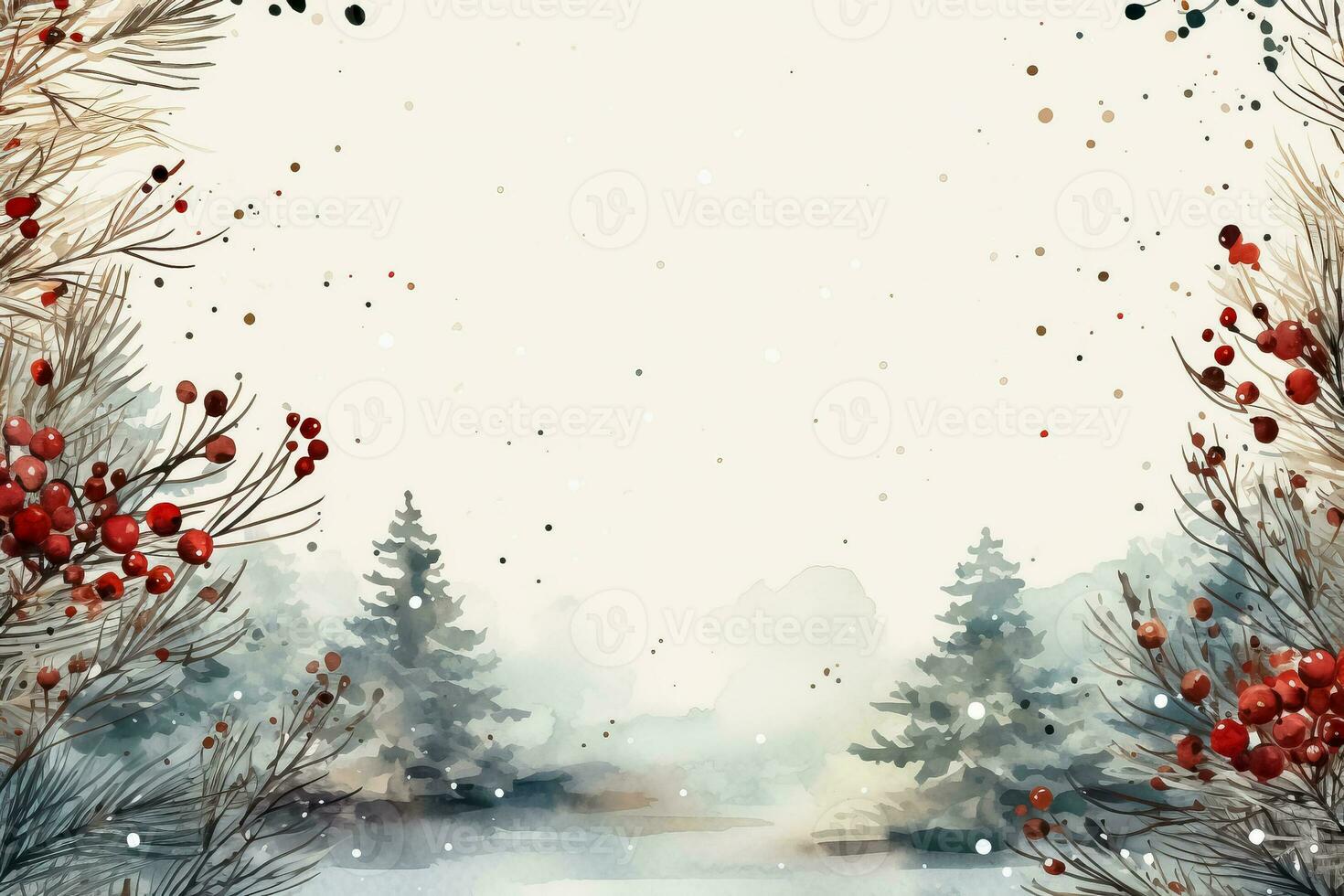 Winter holiday wreaths watercolor illustrations in snowfall background with empty space for text photo