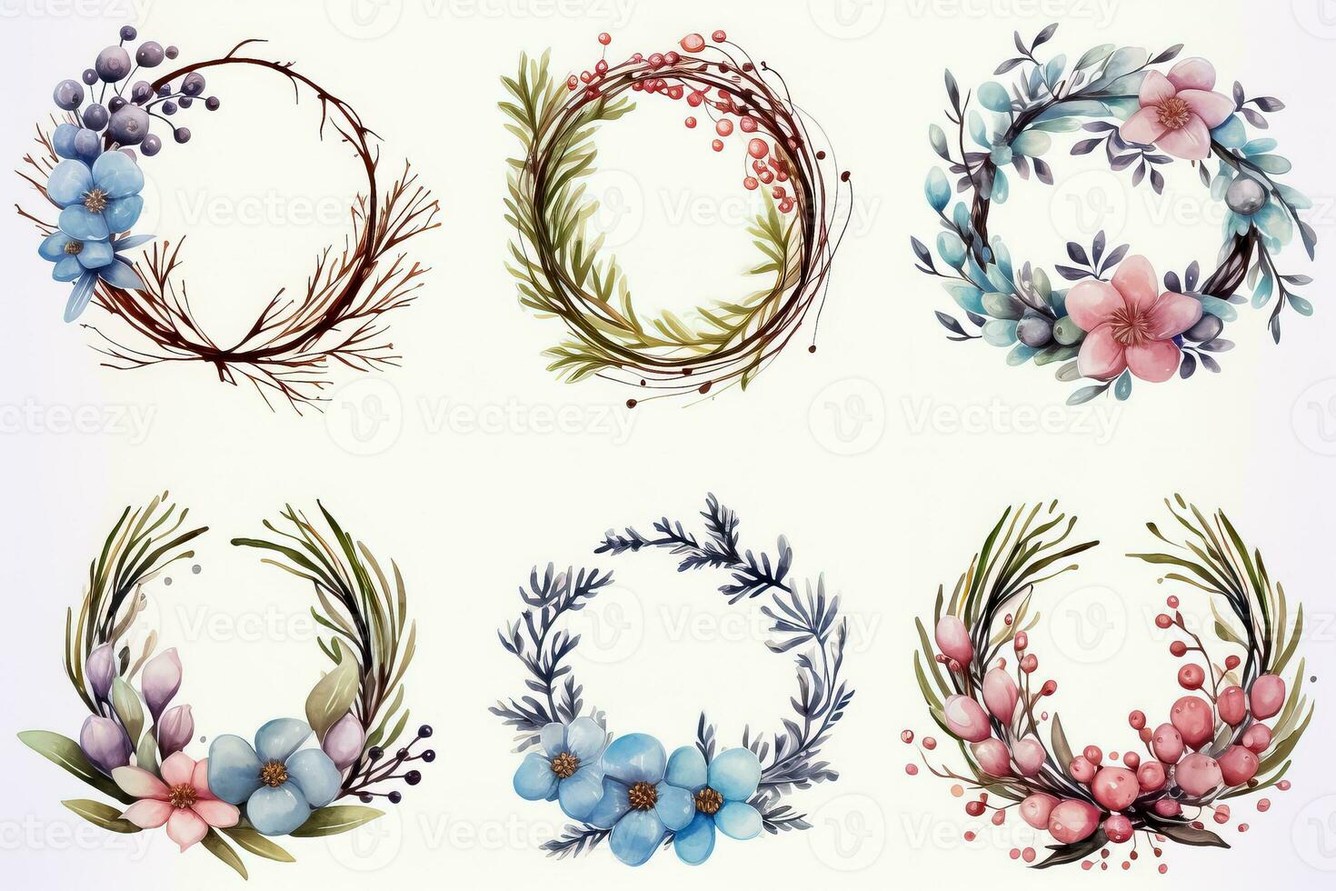 Charming watercolor wreaths encompassing winter holiday scenes amid gentle snowfall photo