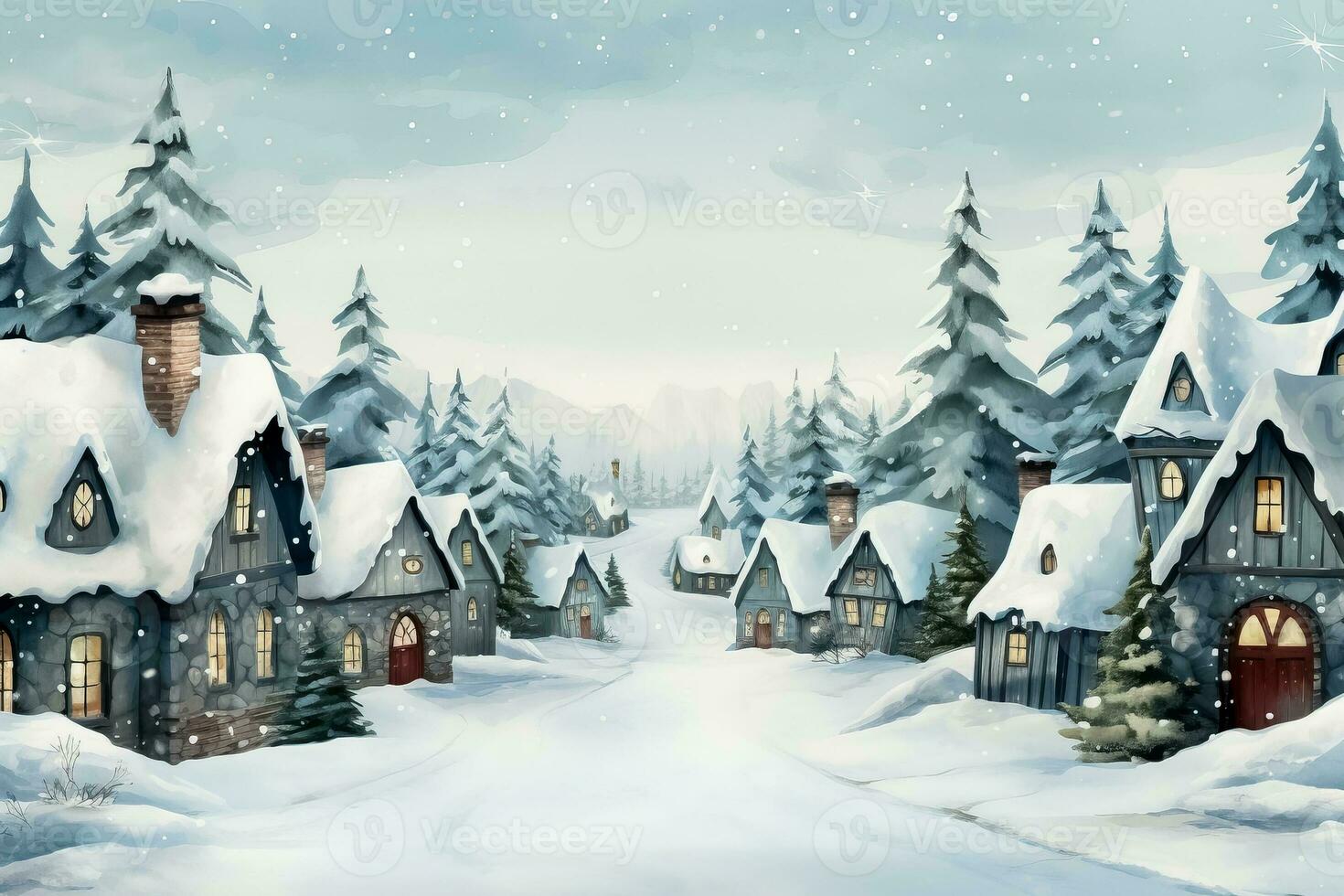 Snowy Christmas market watercolor scene background with empty space for text photo