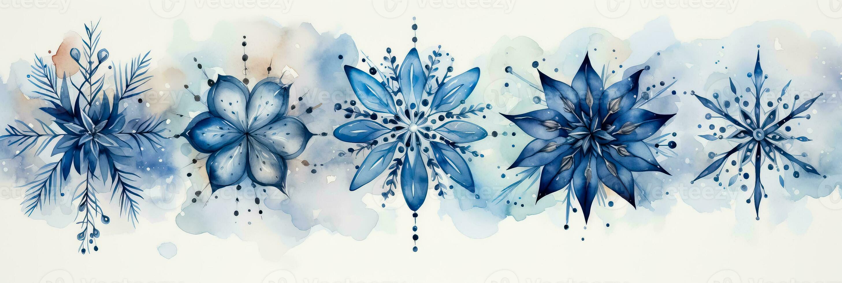 Beautiful watercolor illustrations of intricate snowflakes against tranquil winter backgrounds photo