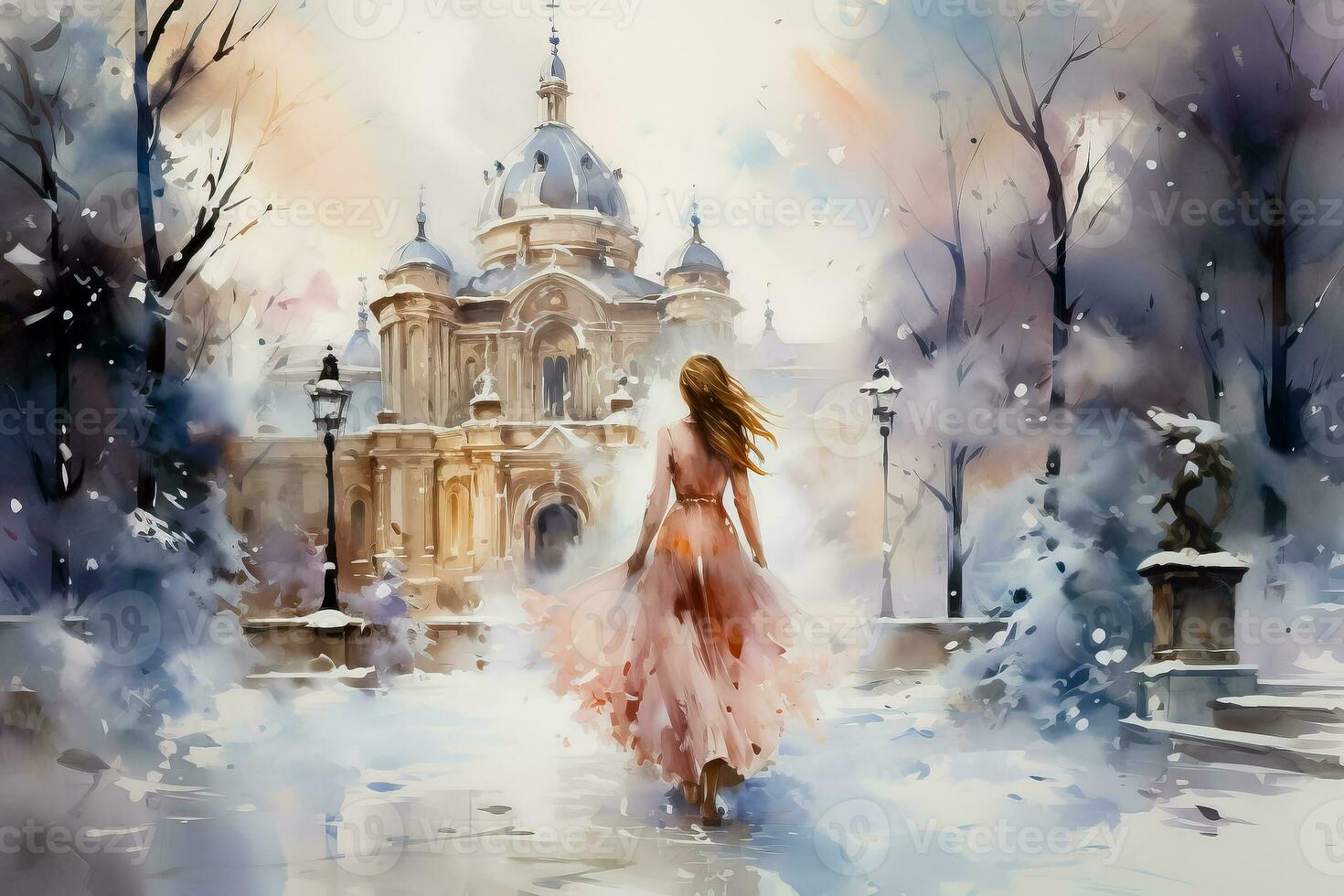 Angelic figures in Christmas pageantry showcased in snowy watercolor landscapes photo