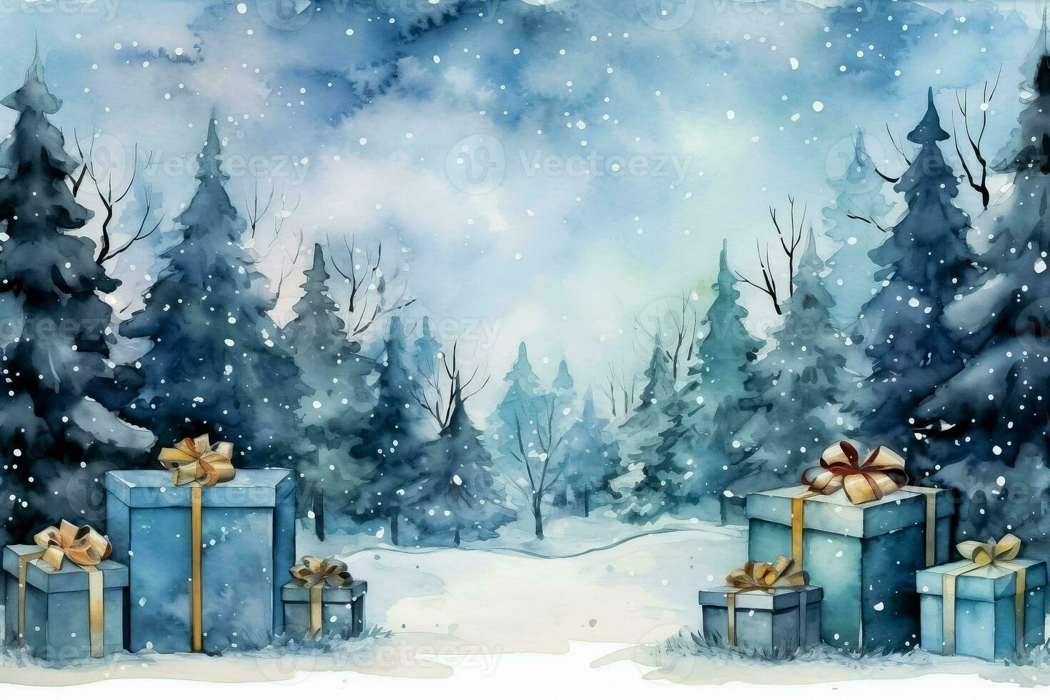 Moonlit watercolor Christmas gifts in snowy landscape background with empty space for text photo