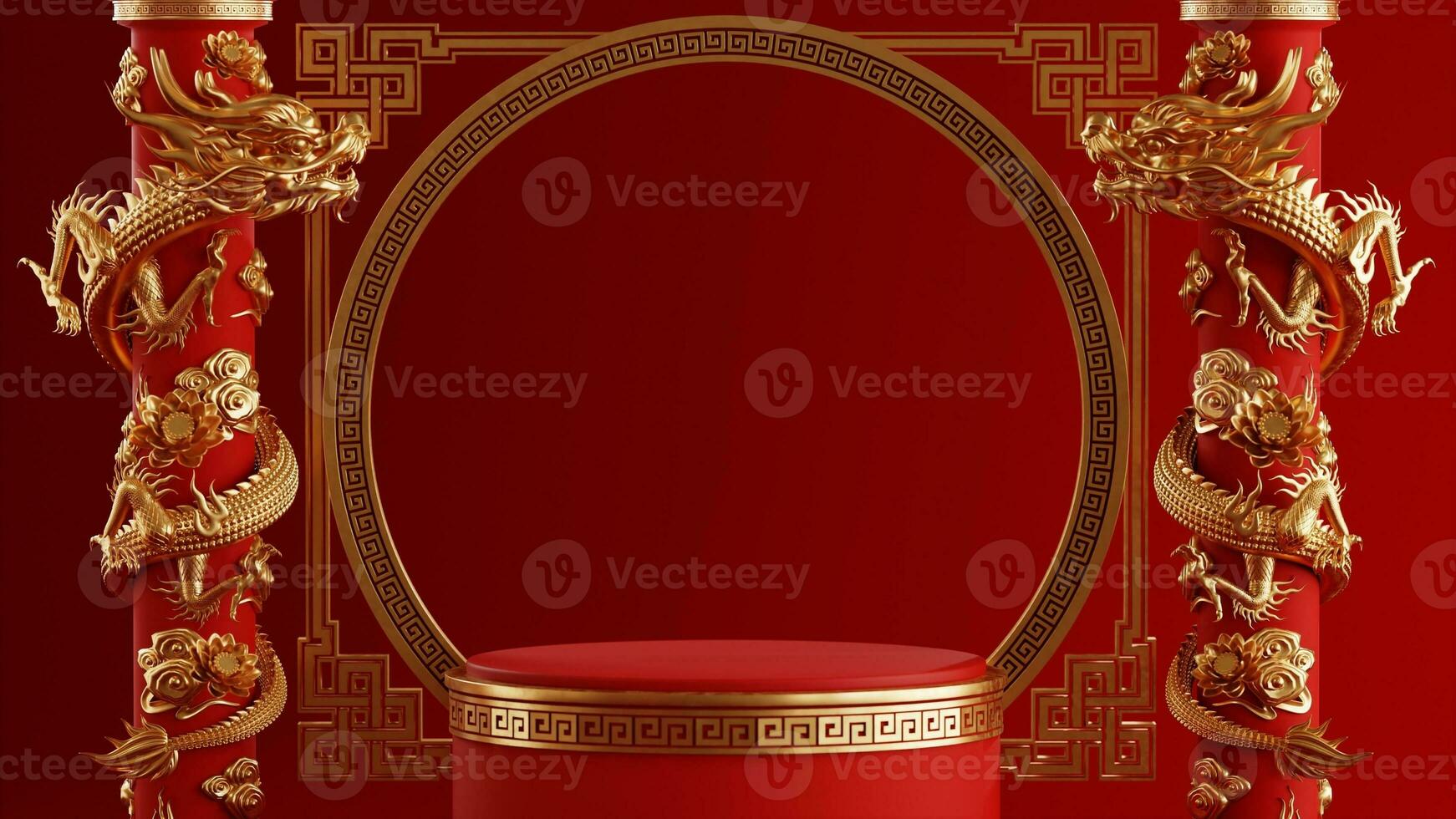 3d rendering illustration of podium round stage podium and paper art chinese new year, chinese festivals, mid autumn festival , red and gold ,flower and asian elements  on background. photo