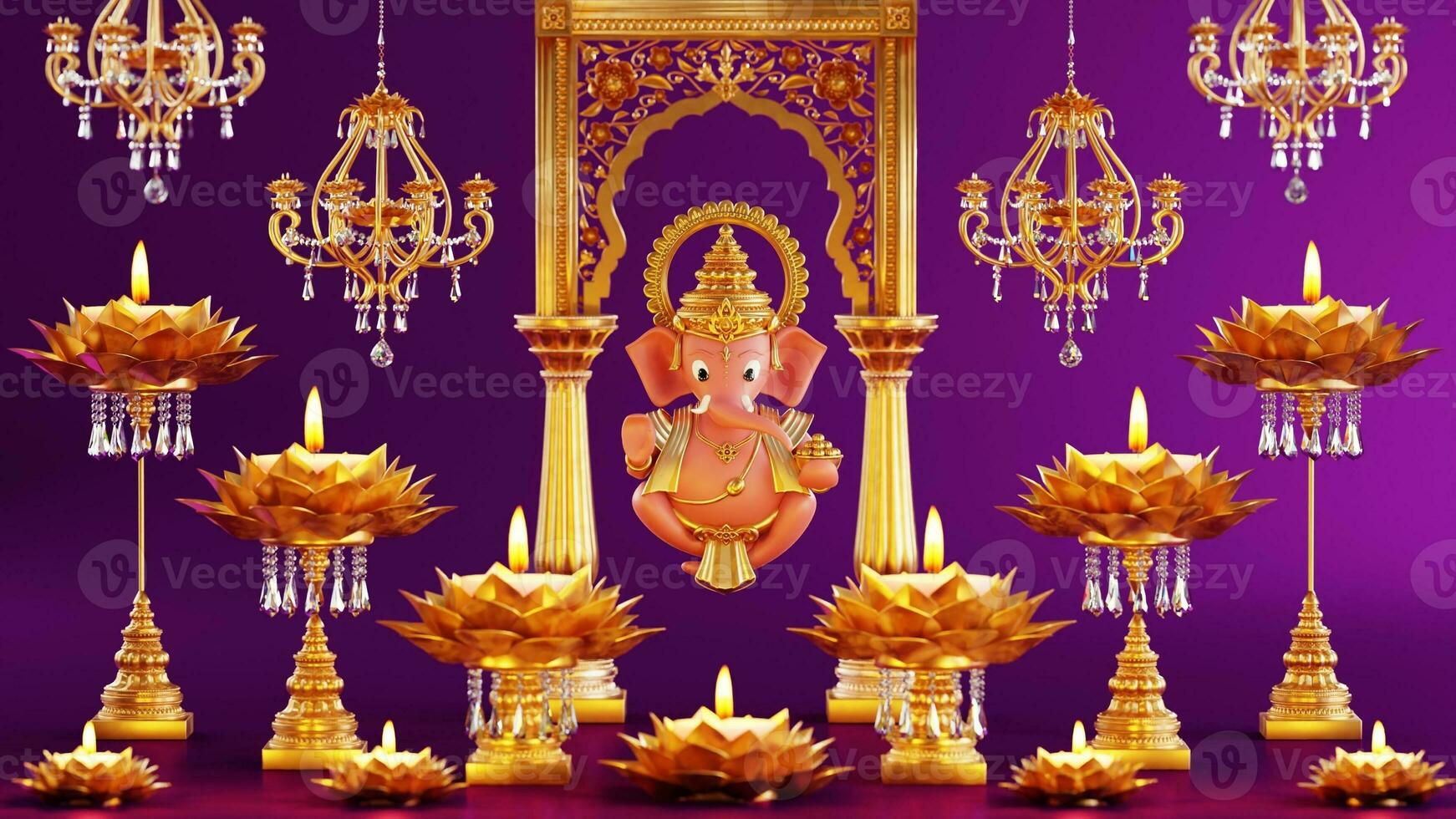 3D rendering for diwali festival Diwali, Deepavali or Dipavali the festival of lights india with gold diya patterned on color Background. photo