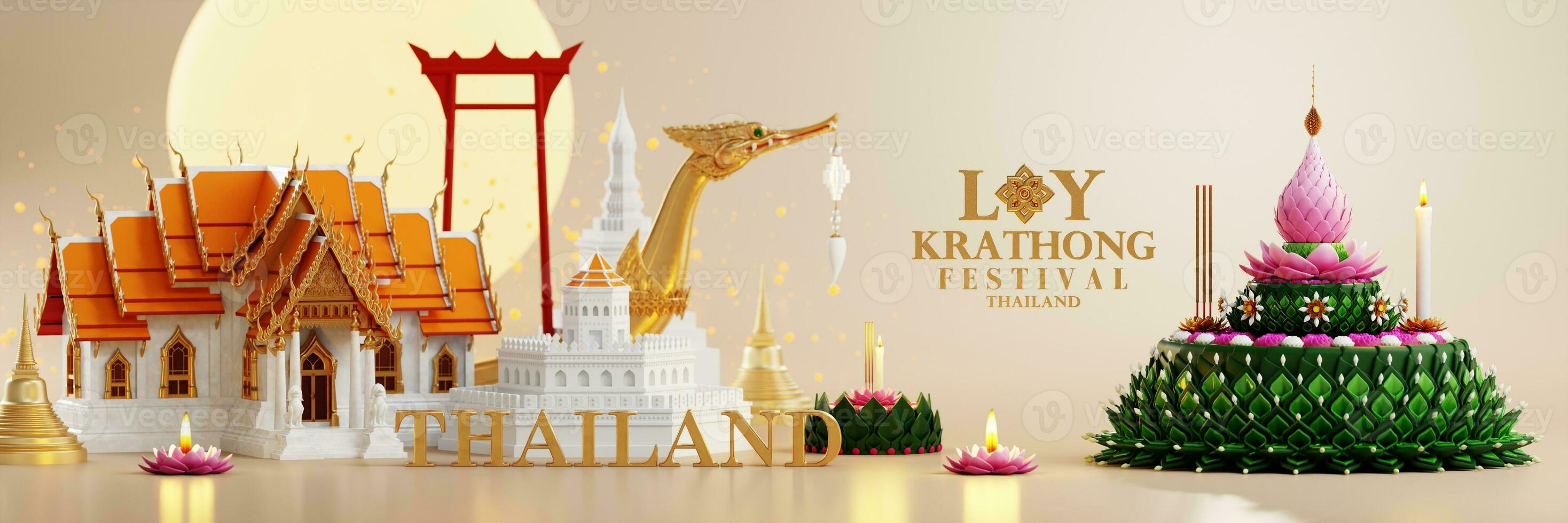 3d rendering illustration Loy Krathong festival  and Yi Peng festival in thailand  krathong from banana leaves, flowers, candles and incense sticks, fullmoon, river, and night background color. photo