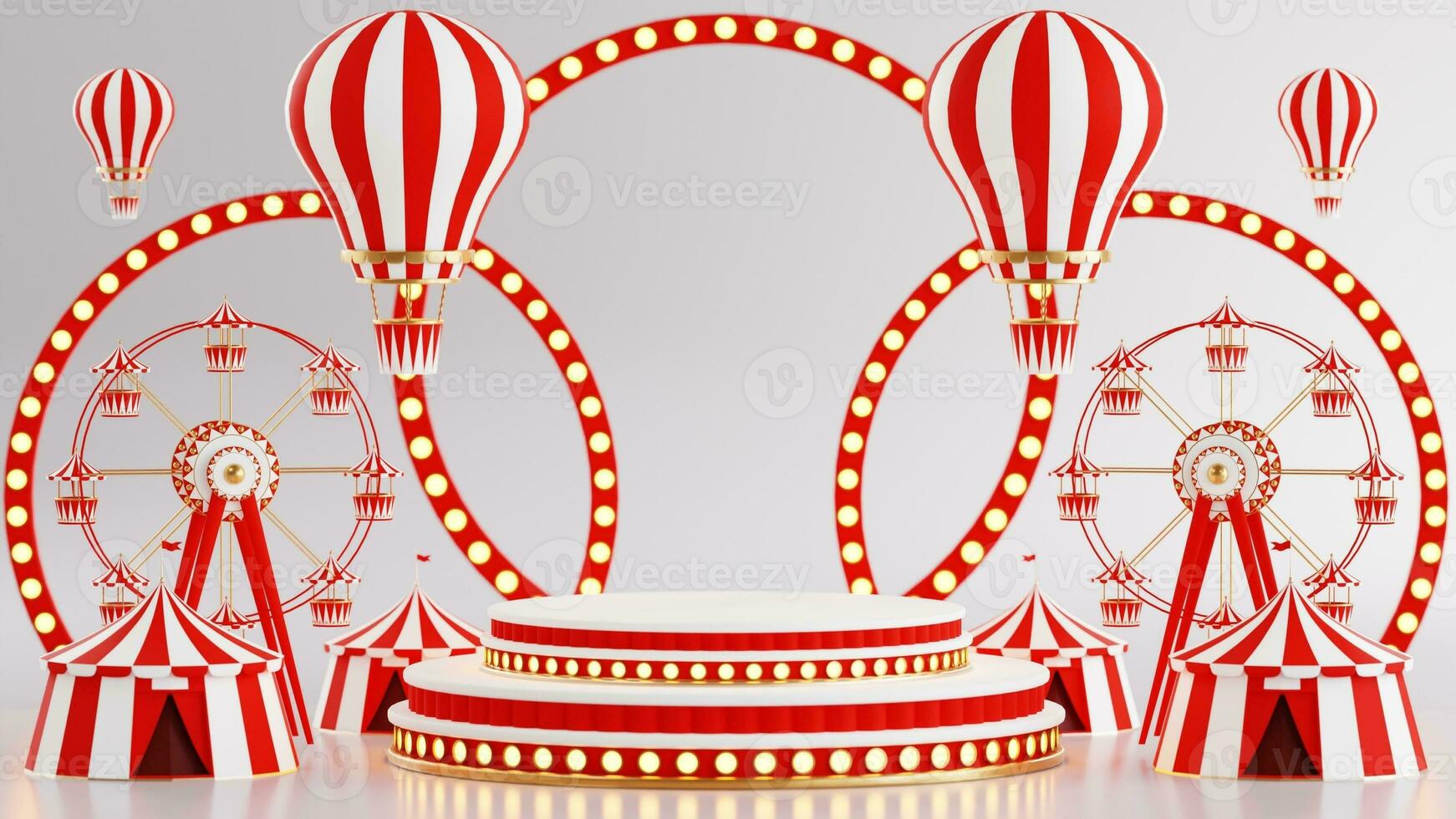 3D rendering for amusement park, circus, carnival fair theme podium with many rides and shops circus tent 3d illustration photo