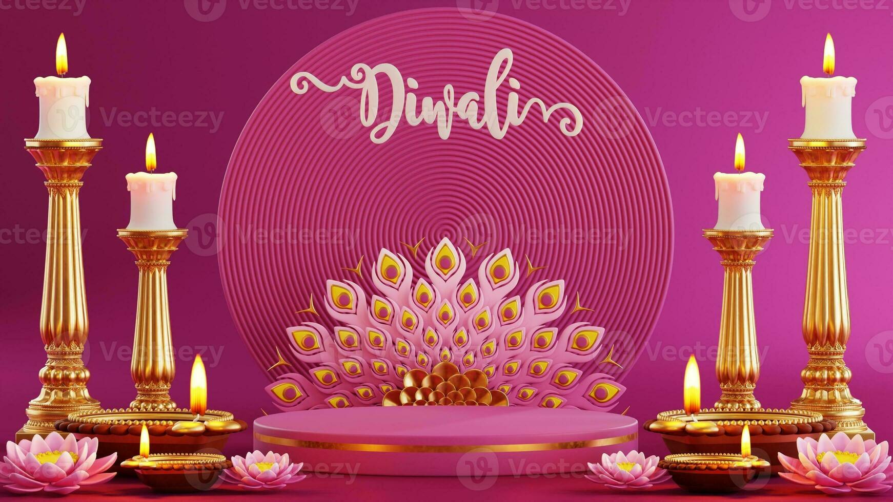 3D rendering  podium for diwali festival Diwali, Deepavali or Dipavali the festival of lights india with gold diya on podium, product, promotion sale, presentation pedestal 3d rendering on background photo