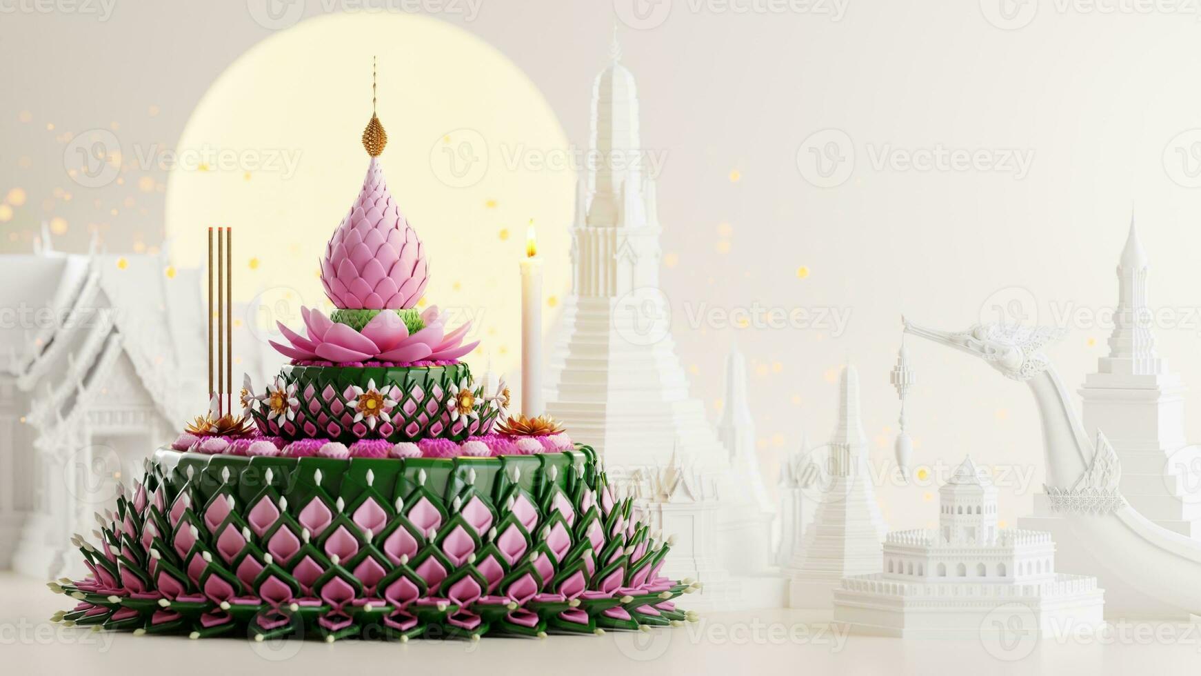 3d representación ilustración loy krathong festival y yi peng festival en Tailandia krathong desde plátano hojas, flores, velas y incienso palos, Luna llena, río, y noche antecedentes color. foto