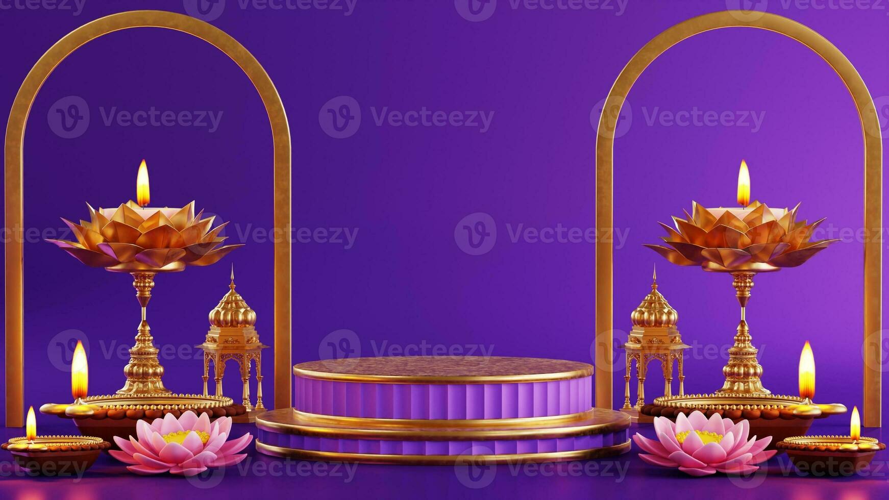 3D rendering  podium for diwali festival Diwali, Deepavali or Dipavali the festival of lights india with gold diya on podium, product, promotion sale, presentation pedestal 3d rendering on background photo