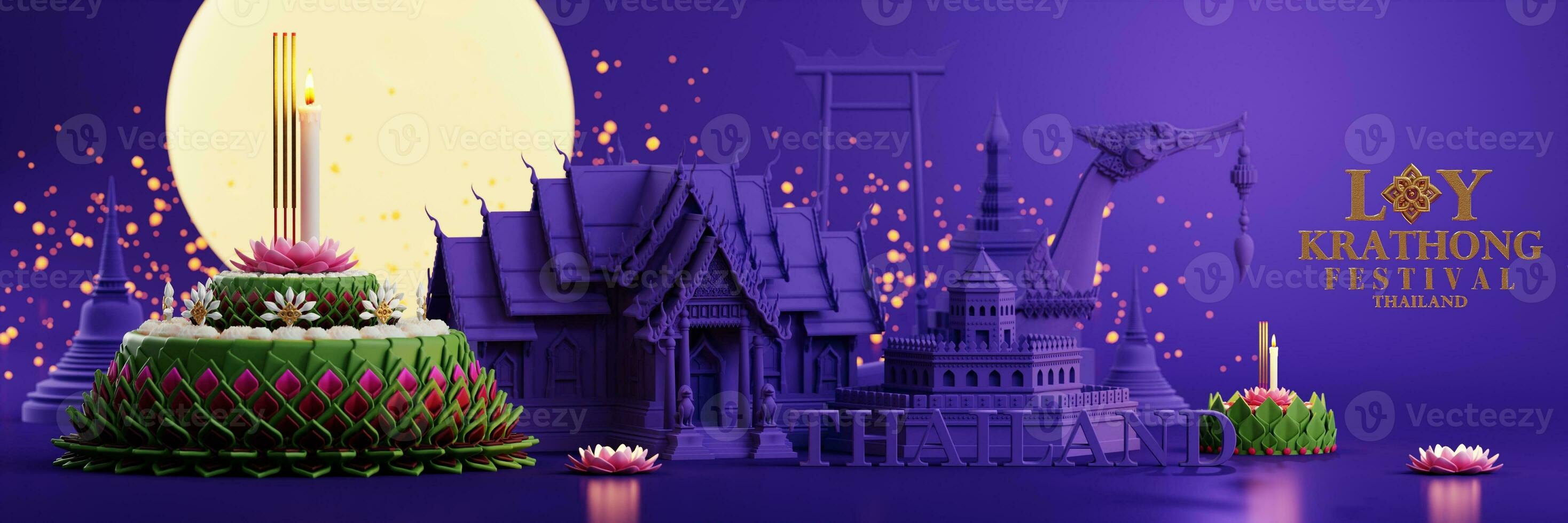 3d rendering illustration Loy Krathong festival  and Yi Peng festival in thailand  krathong from banana leaves, flowers, candles and incense sticks, fullmoon, river, and night background color. photo