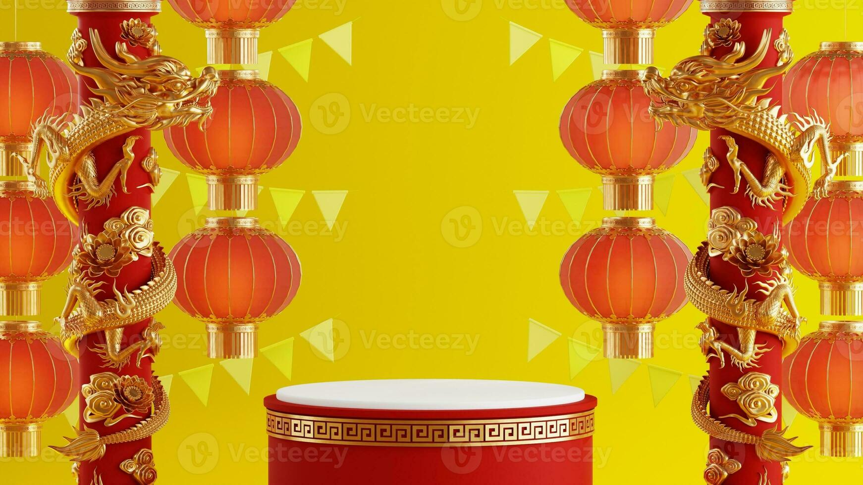 3d illustration  chinese vegetarian festival, Nine Emperor gods festival, kin J, 3d products podium with yellow and chinese detail elements  on background color . photo