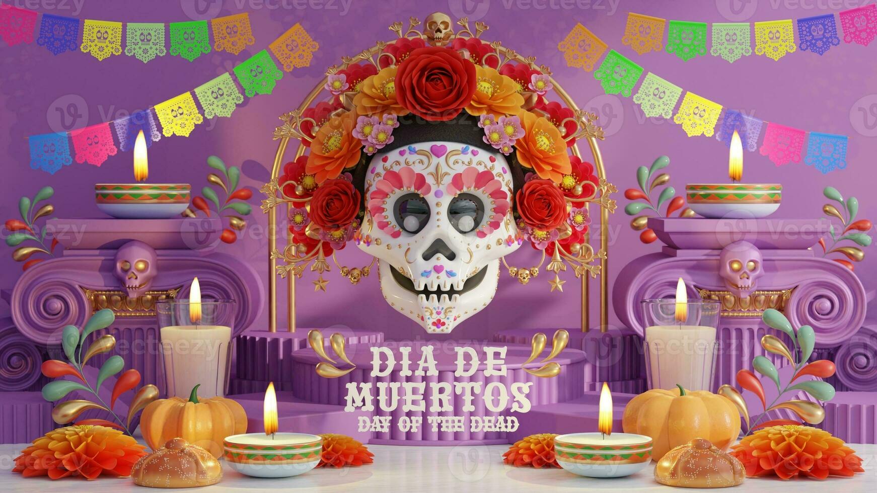 3d rendering illustration for Day of the Dead, Dia de muertos altar concept. Composition of cute sugar skulls, white candles, marigold flowers of the dead. 3d illustration. photo