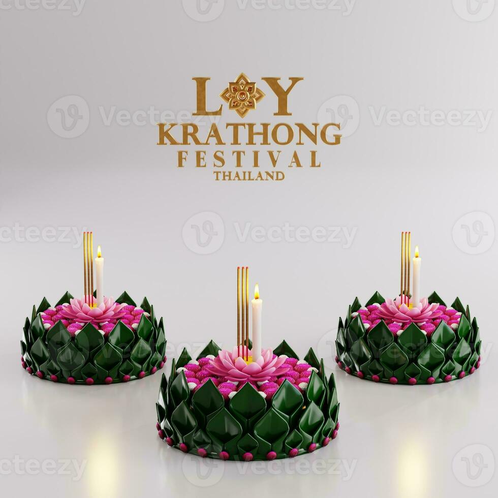 3d rendering illustration Loy Krathong festival  and Yi Peng festival in thailand  krathong from banana leaves, flowers, candles and incense sticks, fullmoon, river, and night background color. photo