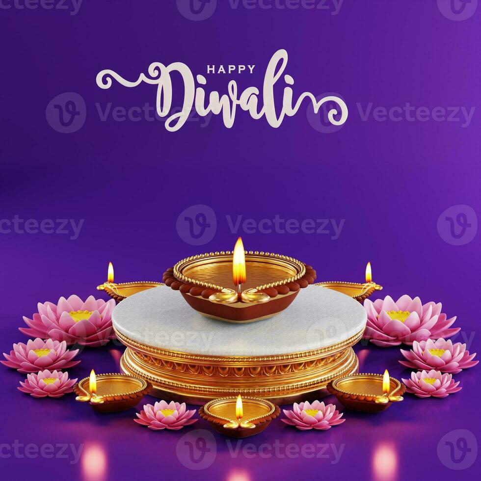 3D rendering for diwali festival Diwali, Deepavali or Dipavali the festival of lights india with gold diya patterned on color Background. photo