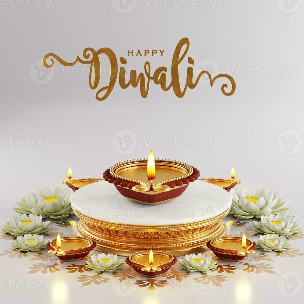 3D rendering for diwali festival Diwali, Deepavali or Dipavali the festival of lights india with gold diya patterned on color Background. photo