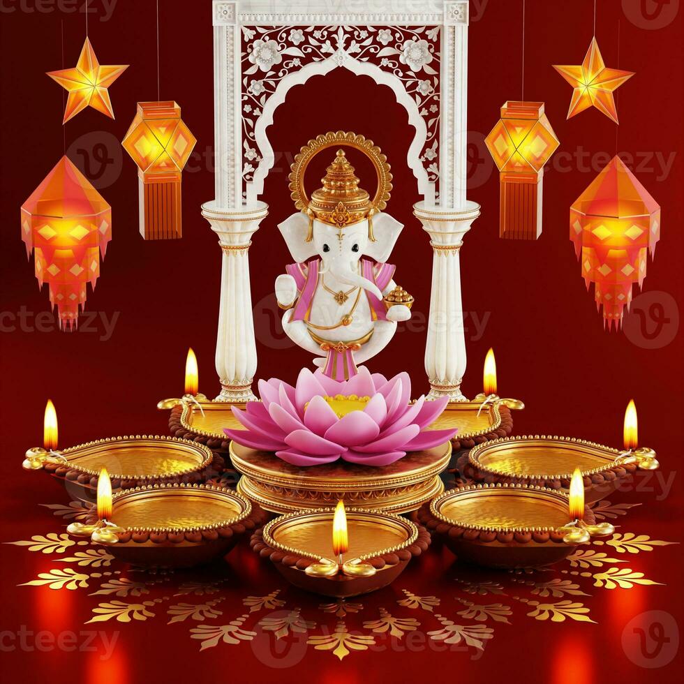 3D rendering for diwali festival Diwali, Deepavali or Dipavali the festival of lights india with gold diya patterned on color Background. photo