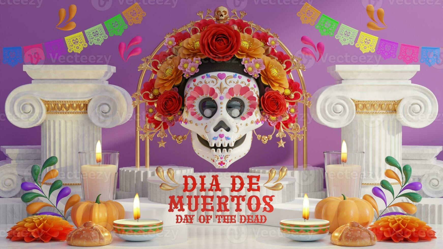 3d rendering illustration for Day of the Dead, Dia de muertos altar concept. Composition of cute sugar skulls, white candles, marigold flowers of the dead. 3d illustration. photo