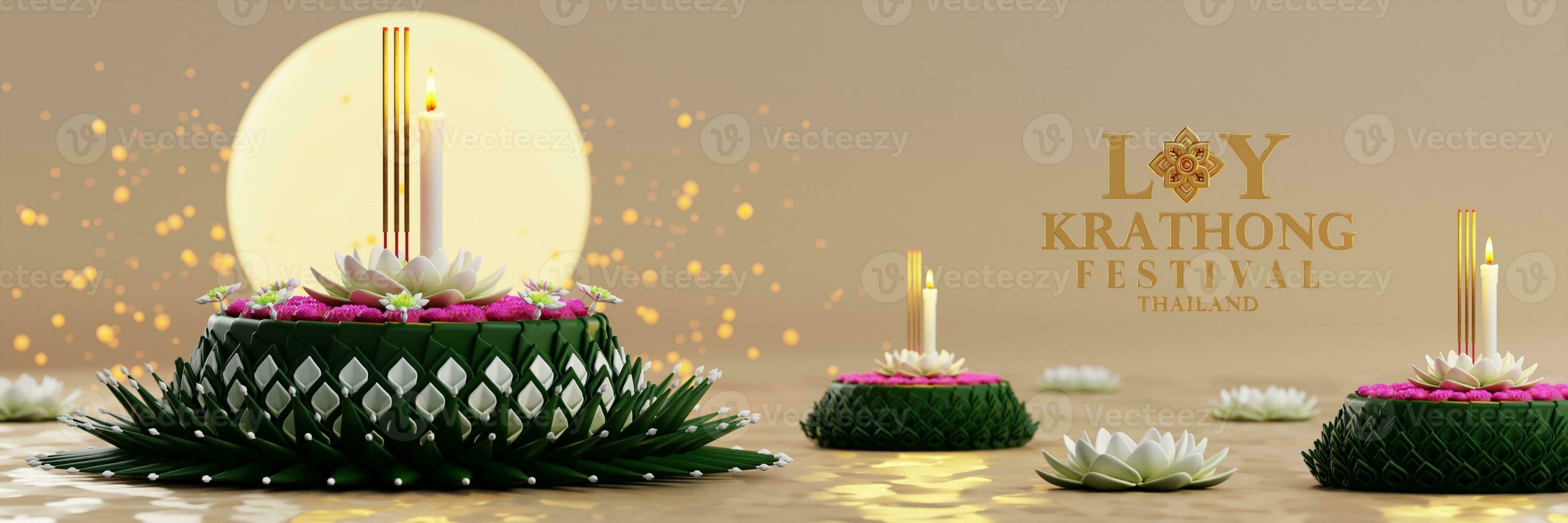 3d rendering illustration Loy Krathong festival  and Yi Peng festival in thailand  krathong from banana leaves, flowers, candles and incense sticks, fullmoon, river, and night background color. photo