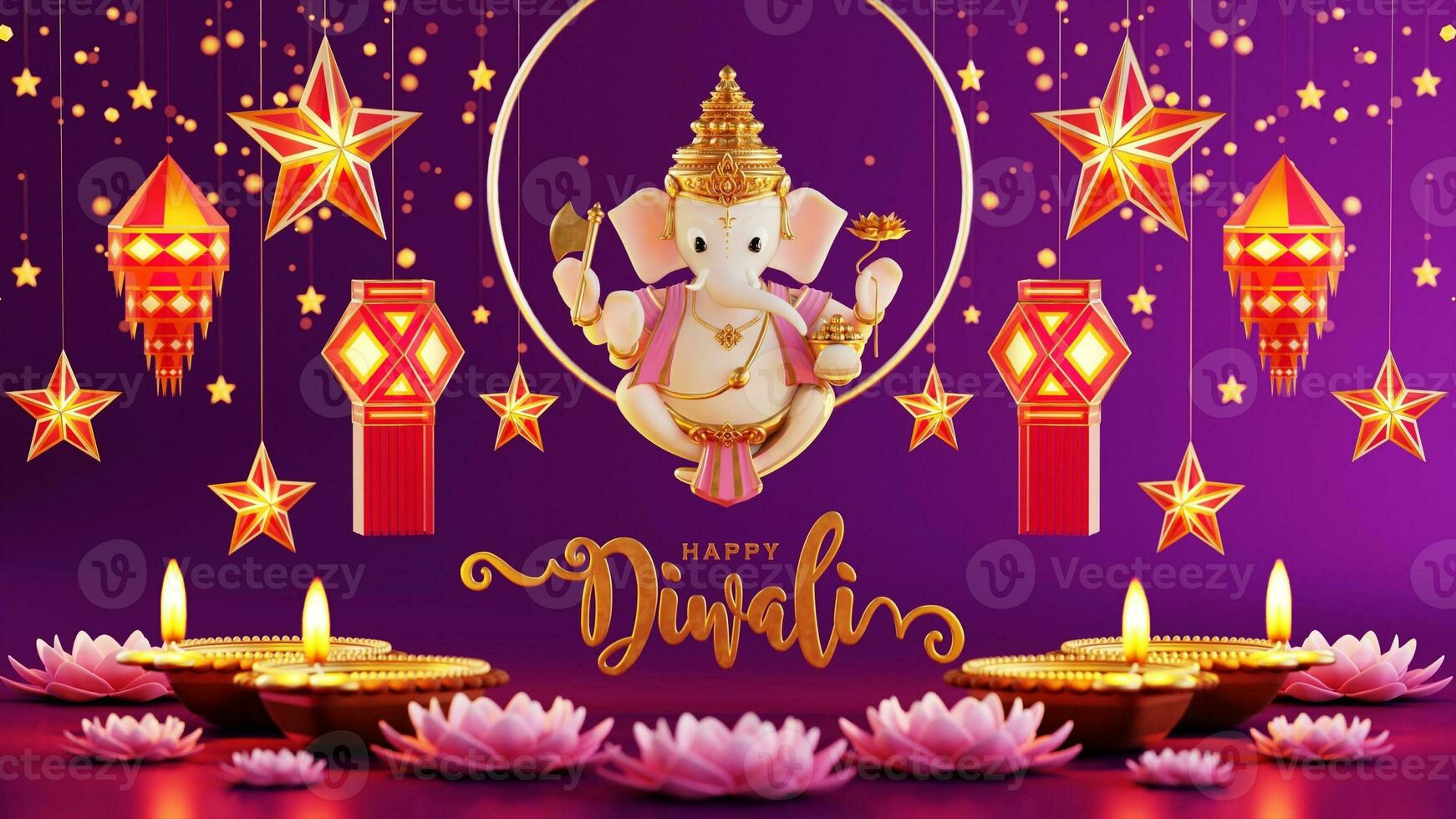 3D rendering for diwali festival Diwali, Deepavali or Dipavali the festival of lights india with gold diya patterned on color Background. photo