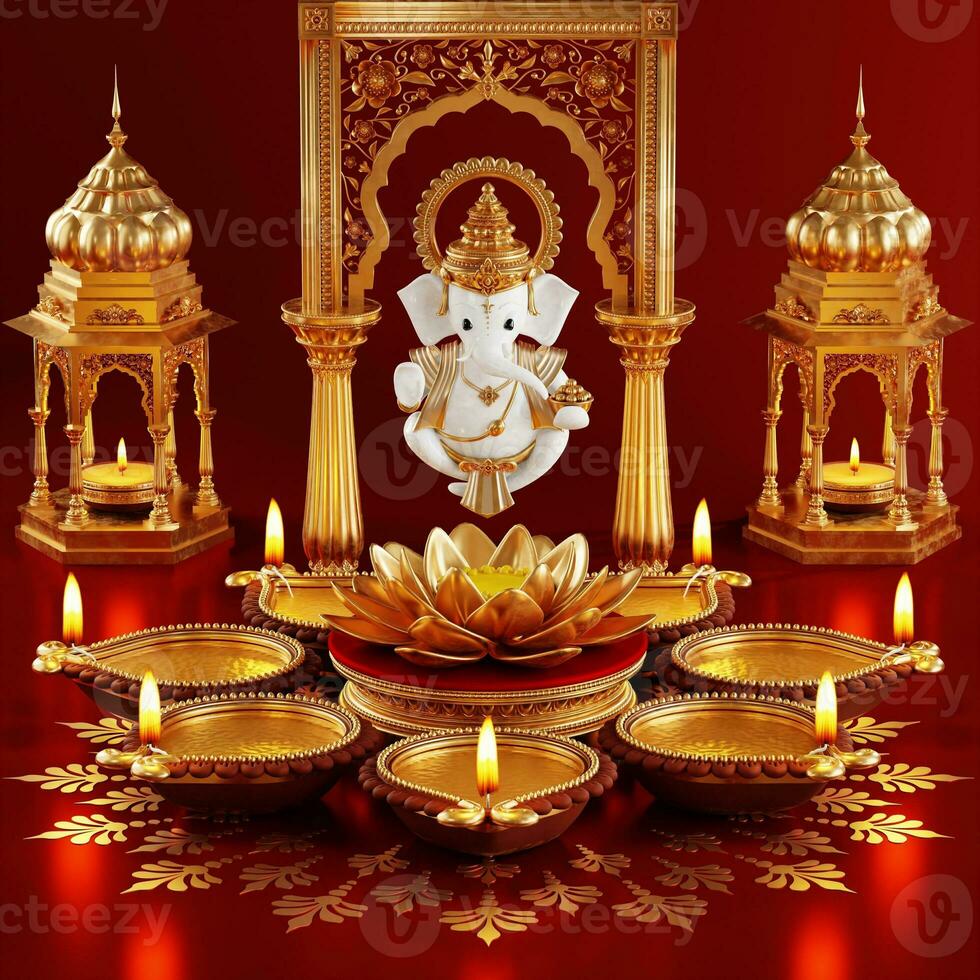 3D rendering for diwali festival Diwali, Deepavali or Dipavali the festival of lights india with gold diya patterned on color Background. photo