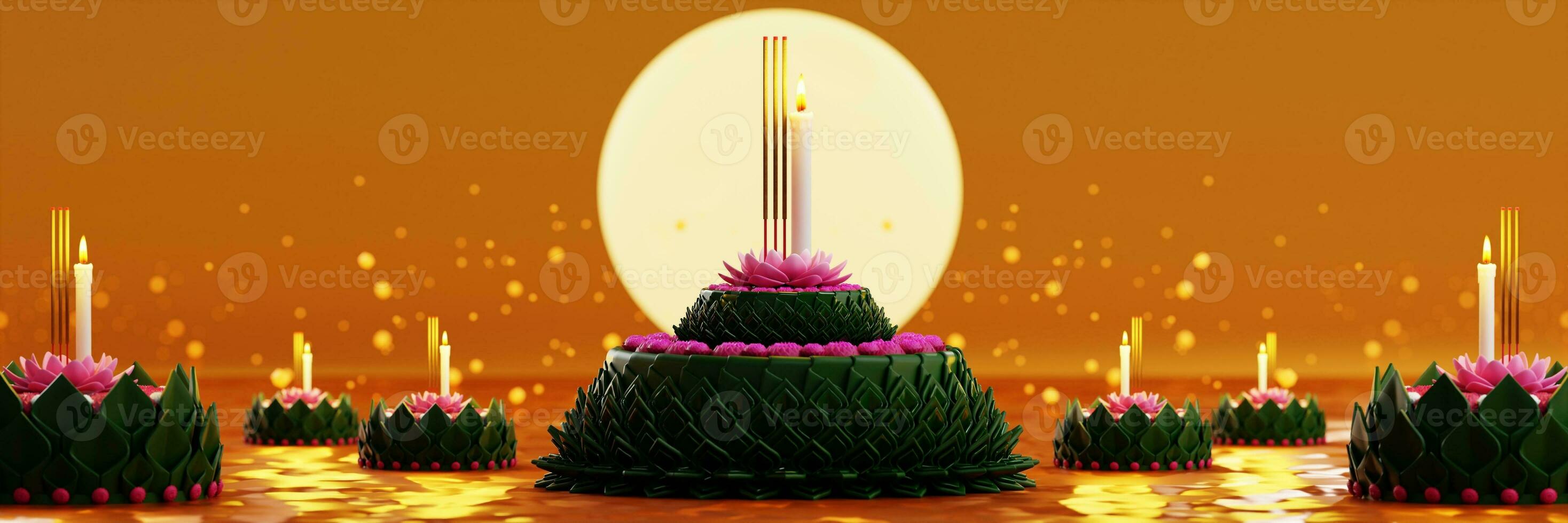 3d rendering illustration Loy Krathong festival  and Yi Peng festival in thailand  krathong from banana leaves, flowers, candles and incense sticks, fullmoon, river, and night background color. photo