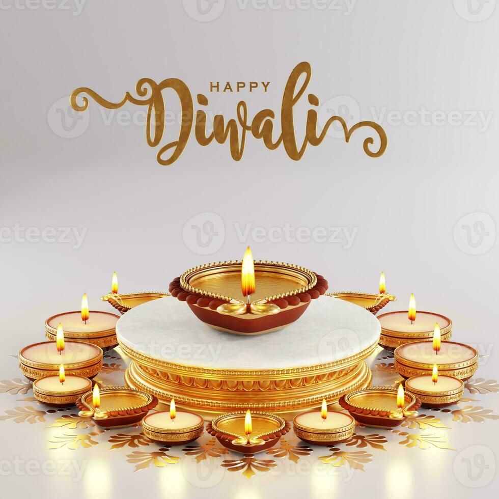 3D rendering for diwali festival Diwali, Deepavali or Dipavali the festival of lights india with gold diya patterned on color Background. photo