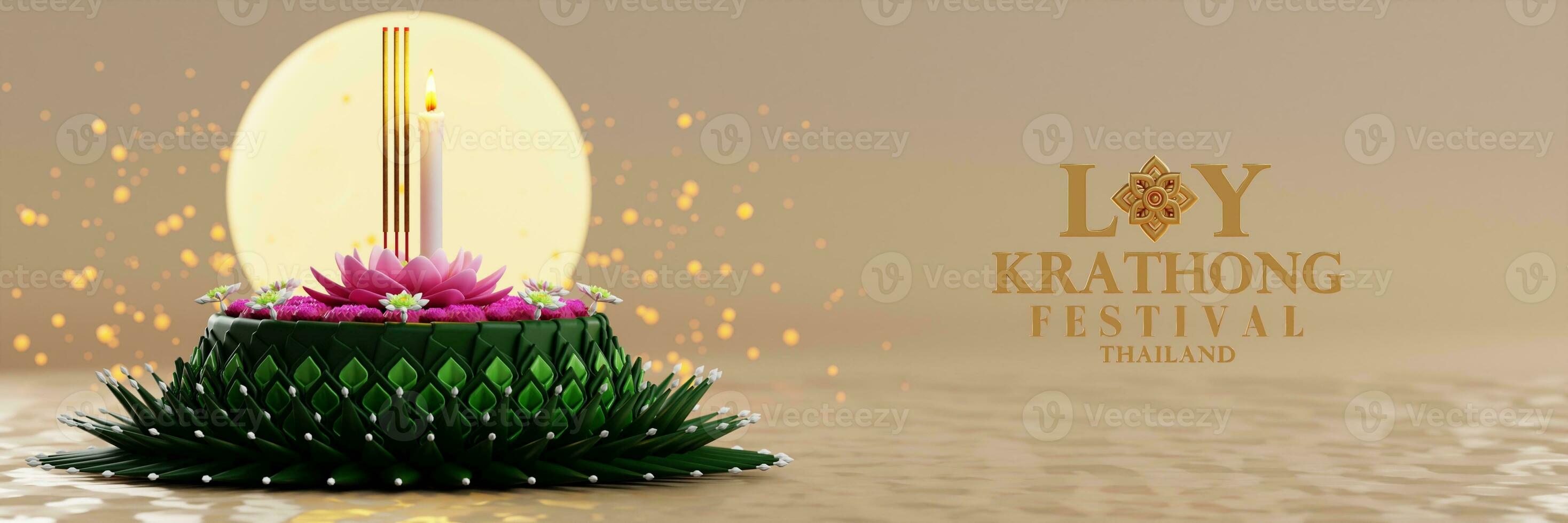 3d rendering illustration Loy Krathong festival  and Yi Peng festival in thailand  krathong from banana leaves, flowers, candles and incense sticks, fullmoon, river, and night background color. photo